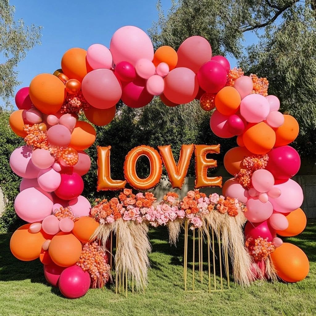 Hot Pink Orange Balloon Garland Double Stuffed Orange Pink Coral Balloon Arch Kit for Birthday Baby Shower Flamingo Wildflower Valentine Mother’s Day Party Decorations
