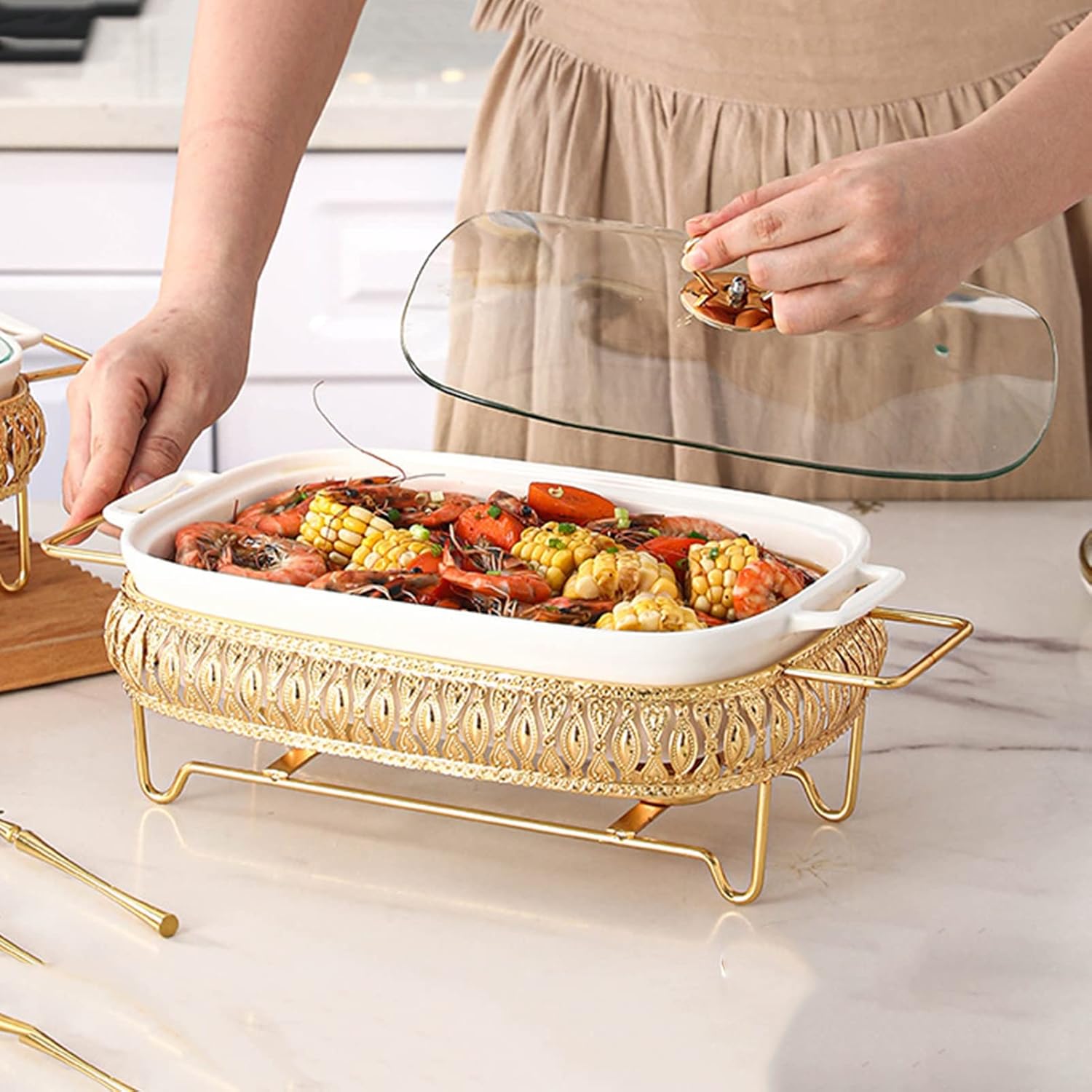 Food Buffet Warmer Ceramics Chafing Dish Buffet Server Warming Tray Food Buffets Food Warmer for Parties Buffet Set Chaffing Dishes,for Wedding, Parties, Ban,34.5cm/13.6inch