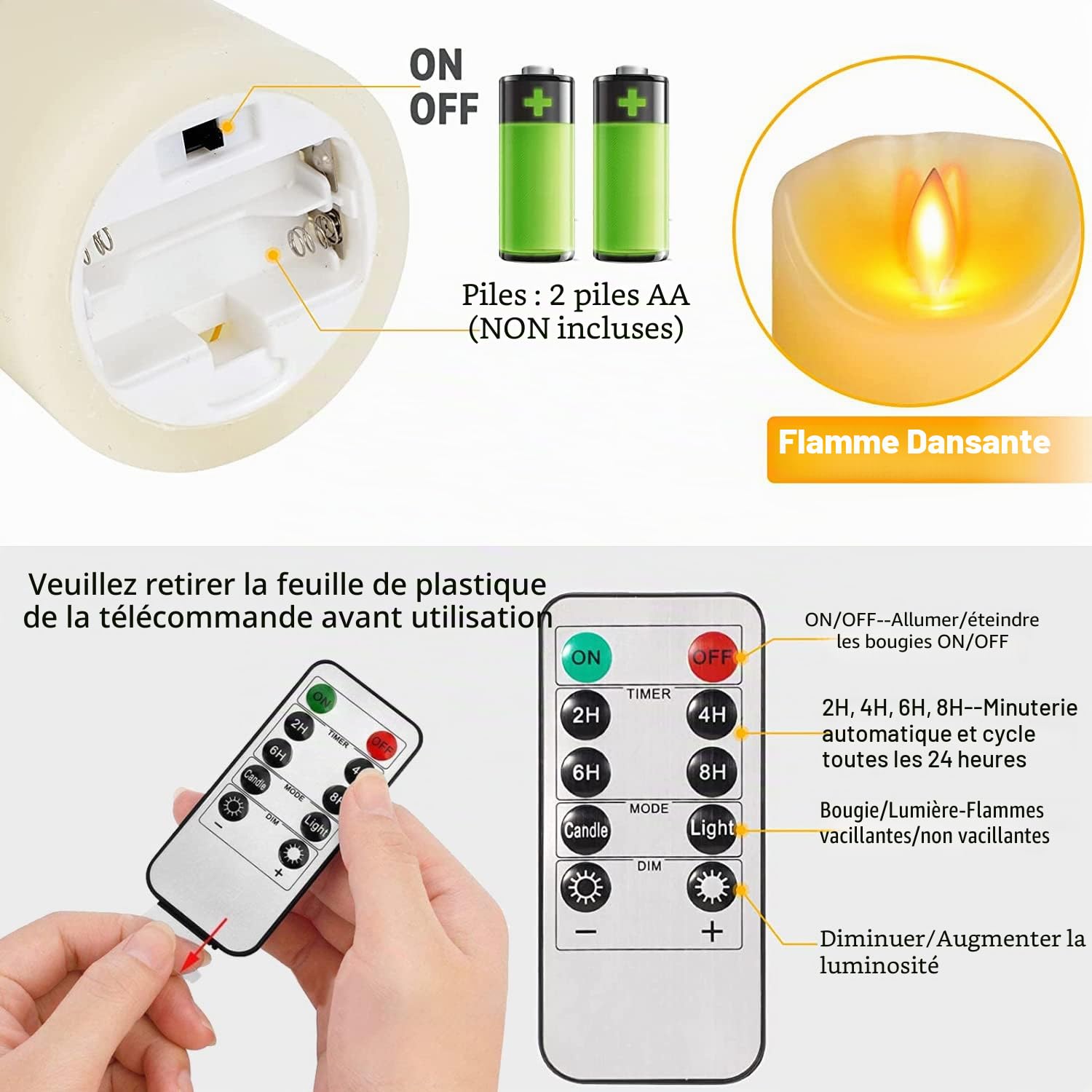 Bougie LED, 2 Paquets, Bougies LED à Piles, Bougies LED Flamme Vacillante Lumière, Bougies LED Sans Flamme, Bougies LED en Cire Véritable avec Télécommande, Bougies de Noël-7.5 * 15cm