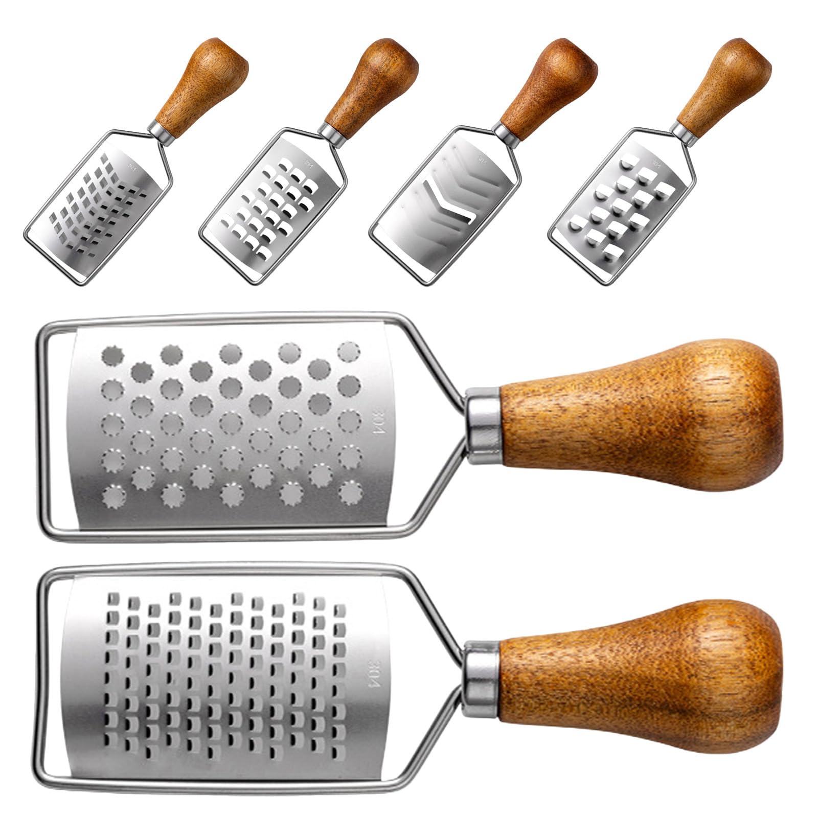 Rallador de Queso Manual de Acero Inoxico 6 Piezas con Mango de Madera Antideslizante Mini Cortador de Verduras y Rallador Grueso y Fino para Cocina de Cítricos y Patatas Portátil