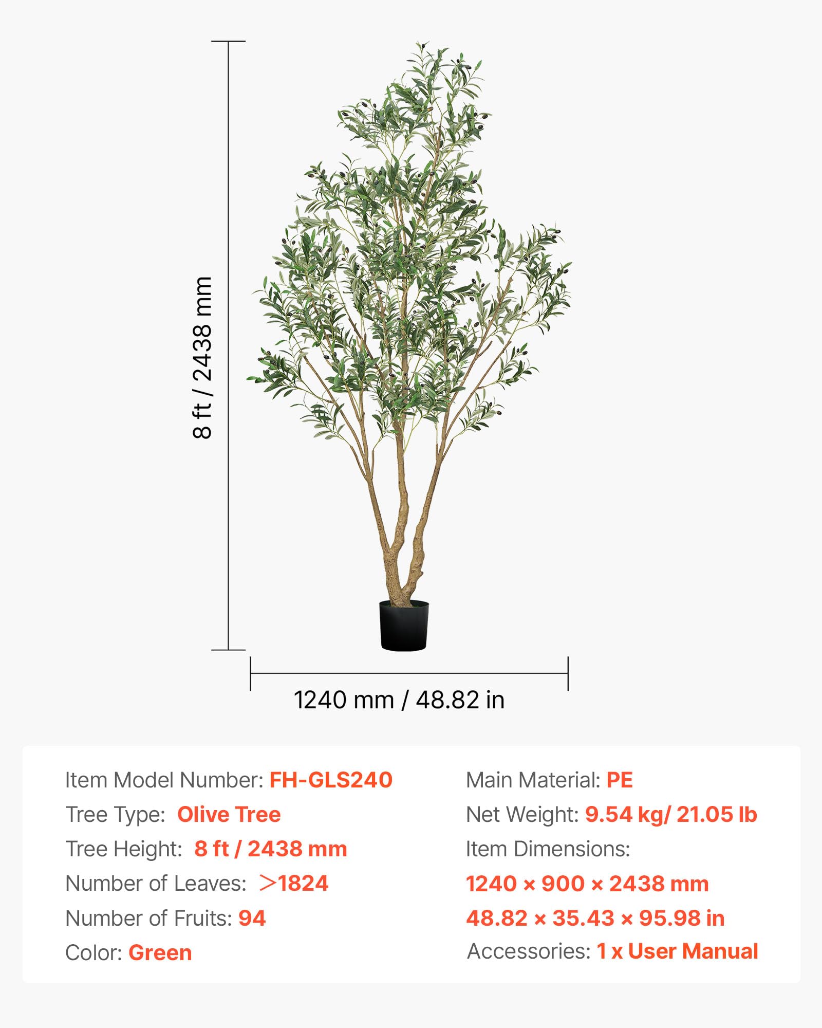 VEVOR Arbre Artificiel 2,4 m Olivier avec Pot Noir Faux Arbre Décoration Intérieur