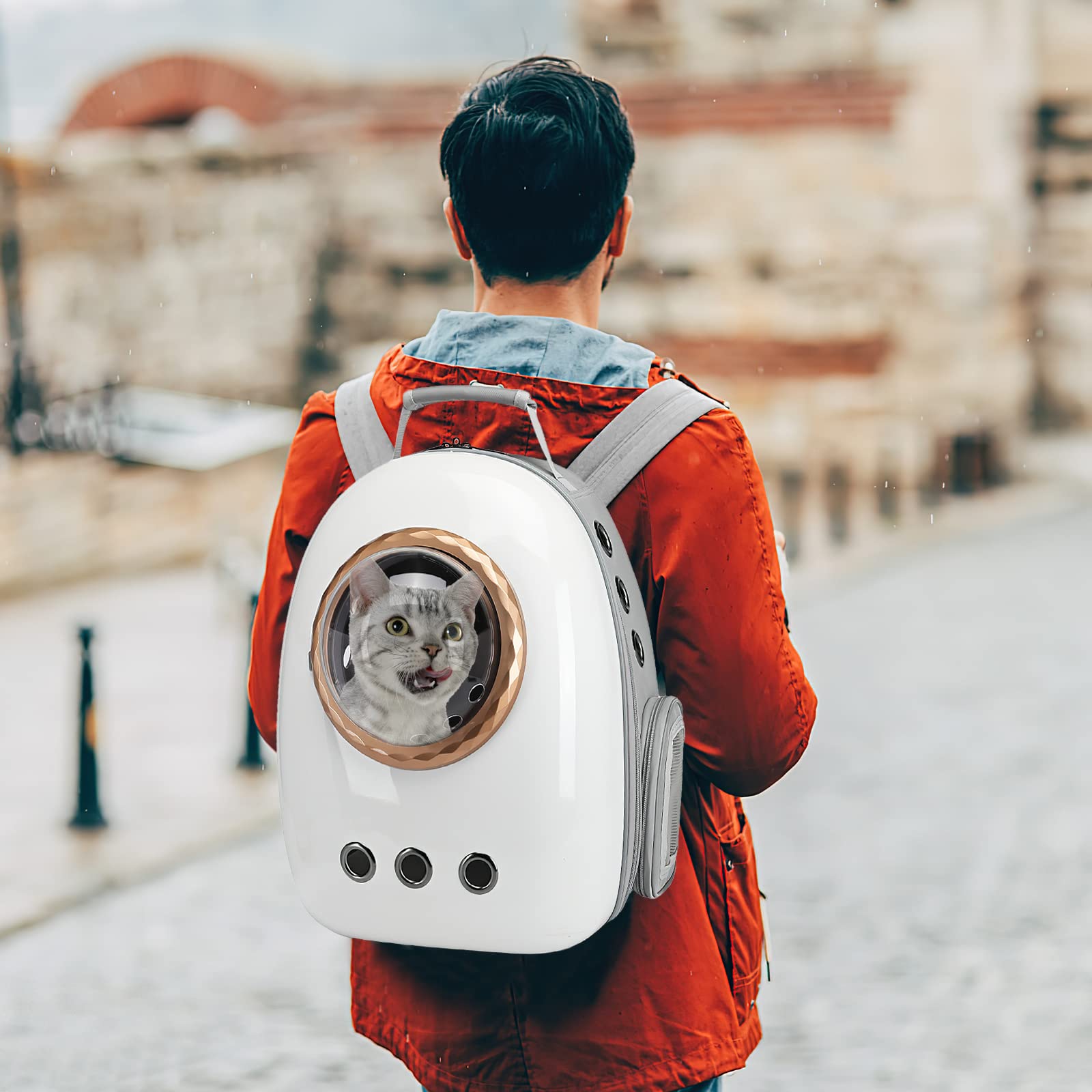 Galatée Mochila para Gatos, Mochila para Mascotas Cápsula Espacial, Mochila Transparente Impermeable para Mascotas, Mochila para Transportar Cachorros a La Moda(Accesorios Grises, Blanco + Negro)