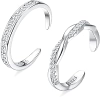 FIASASO Sterling Silver Adjustable Toe Rings for Women - 2PCS CZ Open Band Set, Hypoallergenic Beach Foot Jewelry
