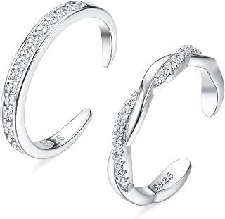 FIASASO Sterling Silver Adjustable Toe Rings for Women - 2PCS CZ Open Band Set, Hypoallergenic Beach Foot Jewelry