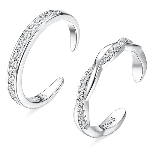 FIASASO 2 Pcs Sterling Silver Toe Rings for Women Adjustable Band Toe Rings Summer Beach Open Toe Ring Foot Jewelry Set - Silver