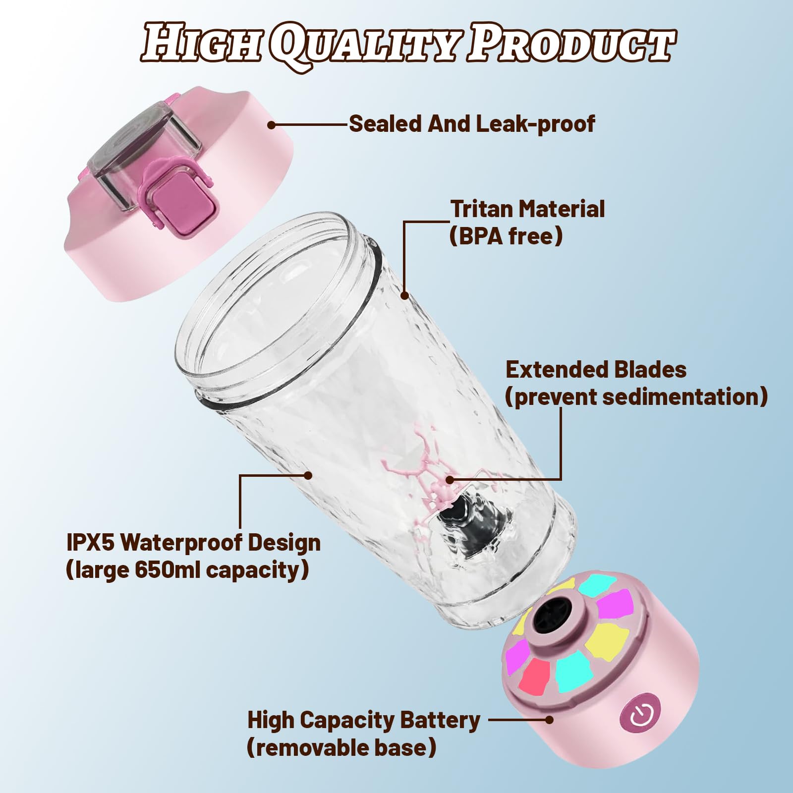 flintronic Bottiglia per Shaker per Proteine, 650 ml Shaker per Proteine Elettrico, Tazze Shaker Ricaricabili USB, Protein Shaker Bottle con Vano Portaoggetti, Senza BPA, per Frullati Proteici