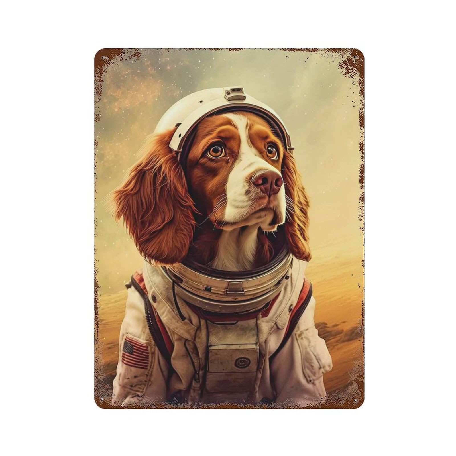 Brittany Spaniel Mars Rust Effect Tin Sign 15.7"x11.8", Industrial Home Decor for Bistro, Counter And Cafe Decor