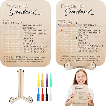 Homaisson 2 Sets Phase 10 Scoreboard, Phase 10 Masters Classic, Phase Ten Wooden Score Board with Stands & Colorful Pegs for Eight Players, Family Game Night Essential