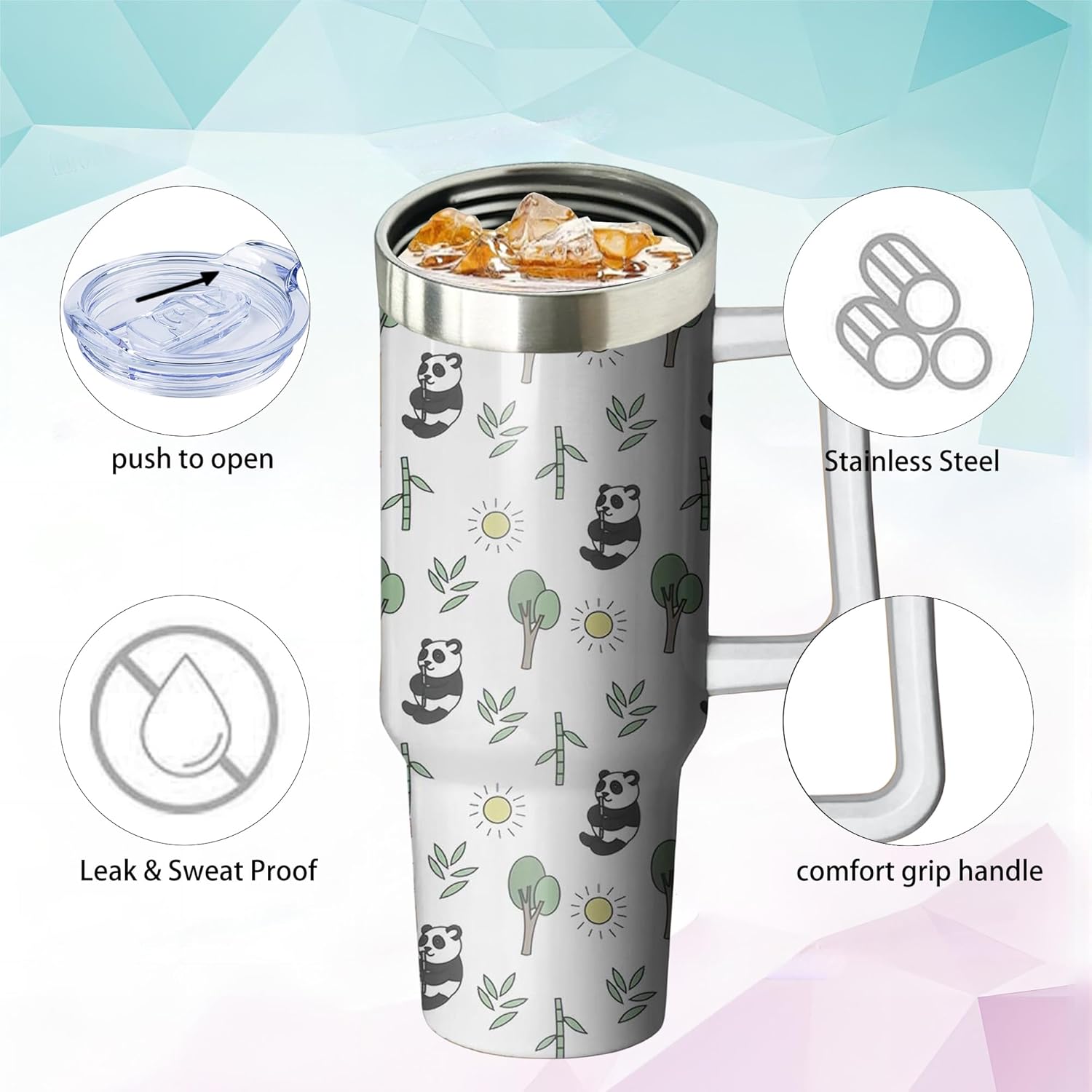 40oz Panda Stainless Steel Tumbler with Handle and Straw, Insulated Cup Travel Coffee Mug Water Bottle with Lid and Straw, Animal Lovers Women Gifts - Image 4