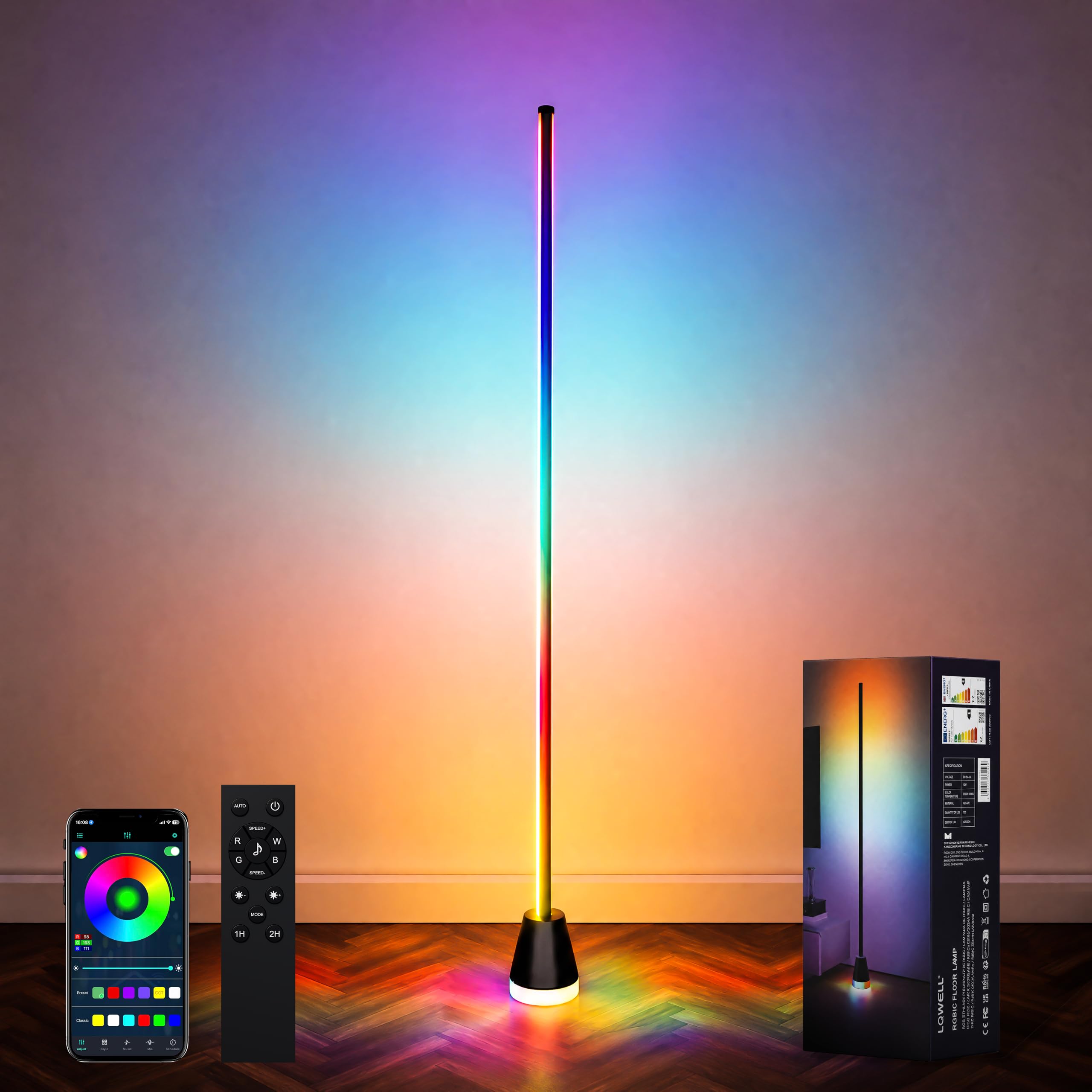 LQWELL Ściemnialna lampa podłogowa LED RGBIC, 150 cm, inteligentna lampa narożna z pilotem, aplikacją, 16 milionów kolorów, tryb muzyki DIY, funkcja timera