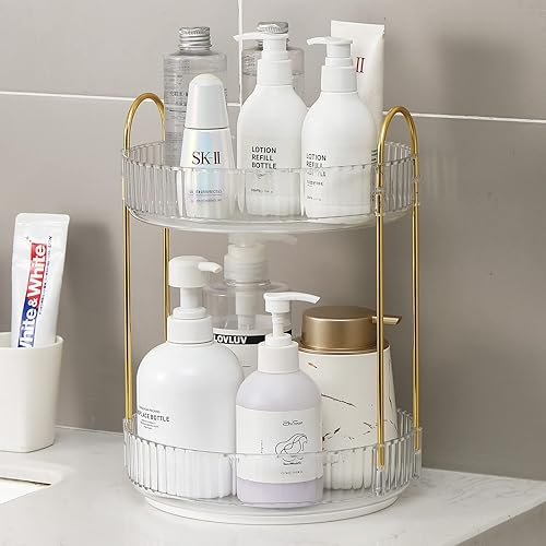 Miniatura 2 de Organizador de maquillaje giratorio 360, organizador de perfumes de gran capacidad para tocador, encimera de baño con soporte para brochas de