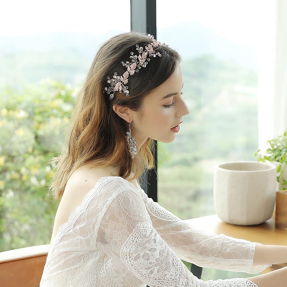 Oriamour Crystal Bridal Headbands Wedding Headpieces Leaves Design Wedding Headbands For Brides Bridesmaid (Rose Gold, 12.6'') - Image 4