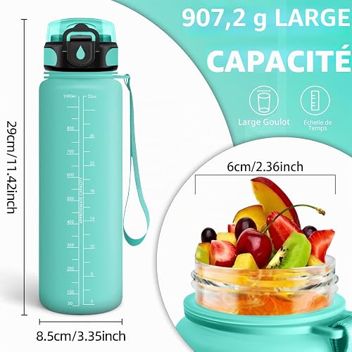 Grsta Gourde 1l, Gourde Sport avec Paille, Bouteille d'eau pour Running, Bouteille Reutilisable, Facile à Nettoyer, Bouteille Adulte anti Fuite, Bouteille d'eau pour Camping, Randonnée, Yoga, Vert - 5