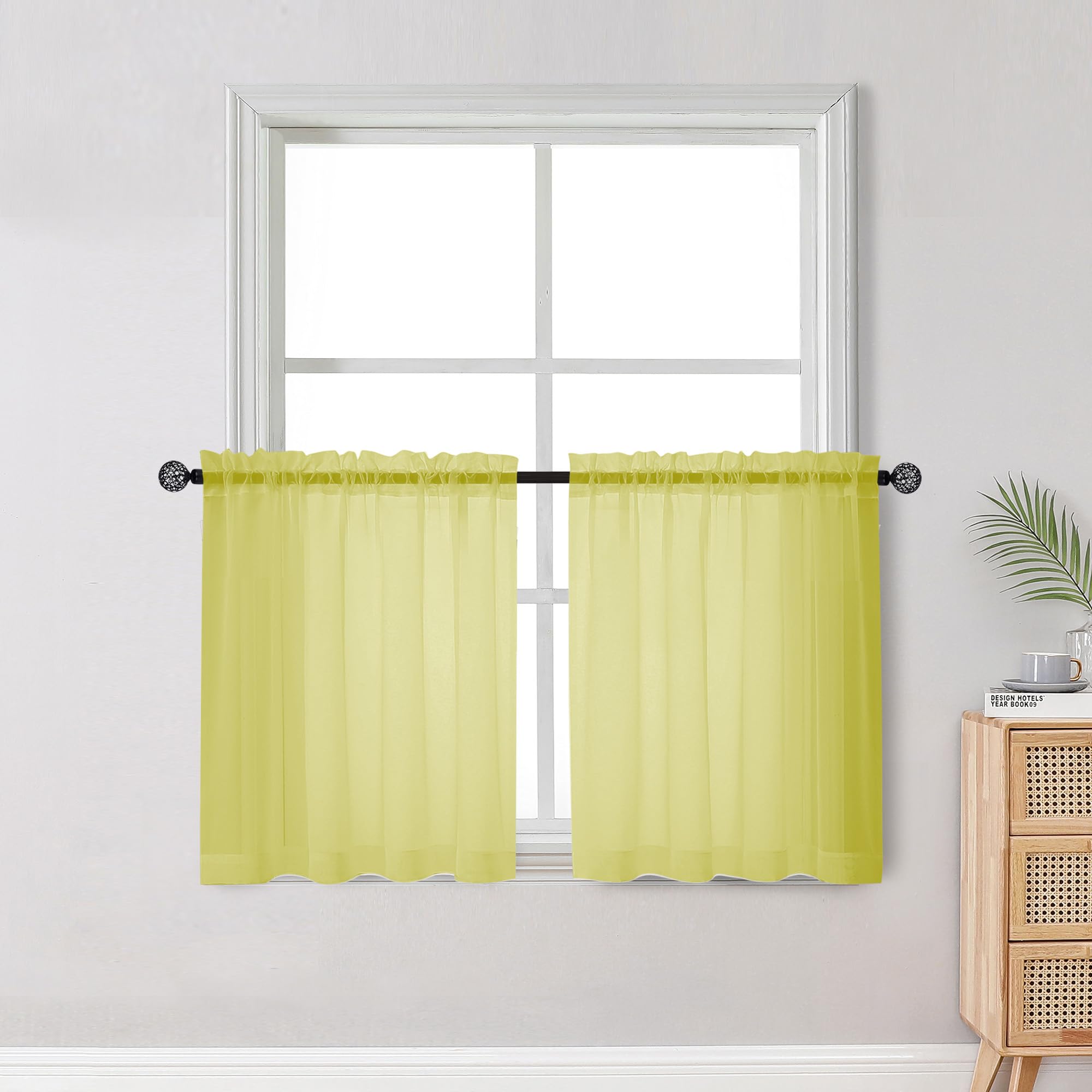 Short Lemon Sheer Curtains 30 Inch Length 2 Panels Set, Kitchen Curtains Tiers Light Filtering Rod Pocket Cafe Curtain for Basement Bathroom Small Half Window, 42" W x 30" L, Lemon