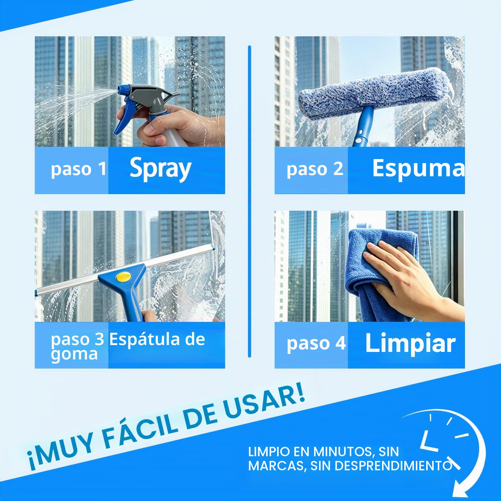 Equipo Profesional de Limpia de Ventanas con Cubo de 16L, Limpieza con Mango 2M, rasqueta de Silicona, Botella pulverizadora, Estropajo de Microfibra, paño, Kit de Lavado para Ventanas Altas Ducha