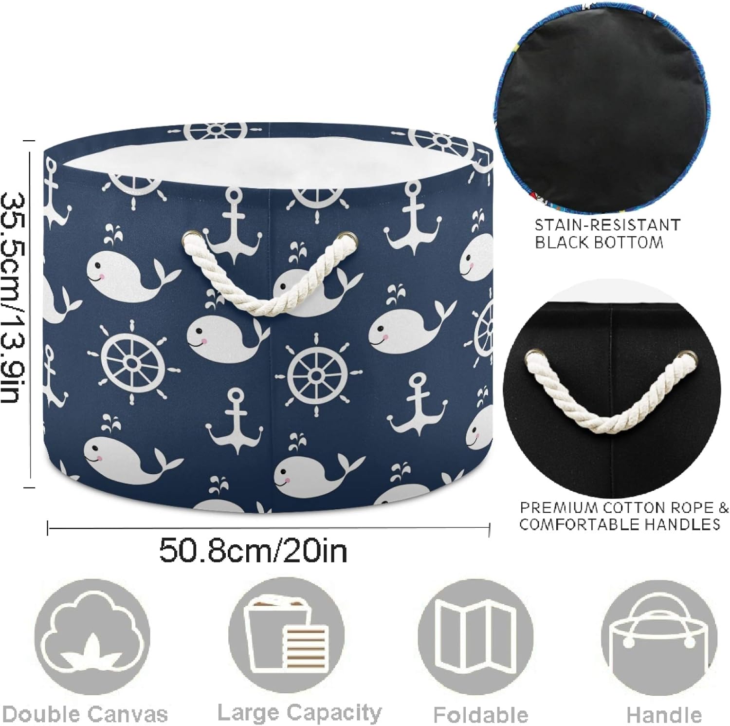 visesunny Collapsible Large Capacity Basket Classic Whale Anchor Clothes Toy Storage Hamper with Durable Cotton Handles Home Organizer Solution for Bathroom, Bedroom, Nursery, Laundry,Closet