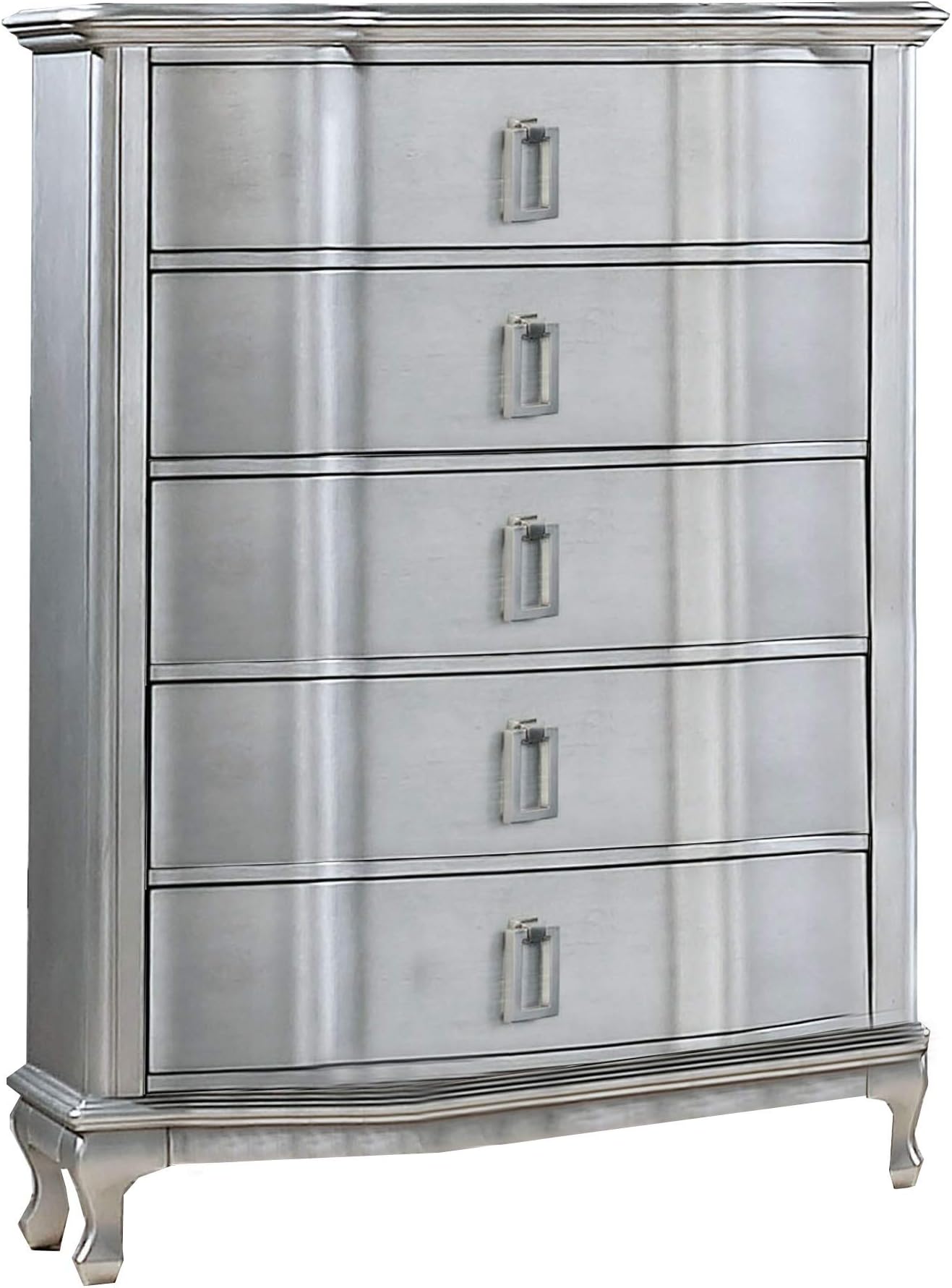 Benjara Contemporary 5 Drawer Wooden Chest with Rectangle Knobs- Silver
