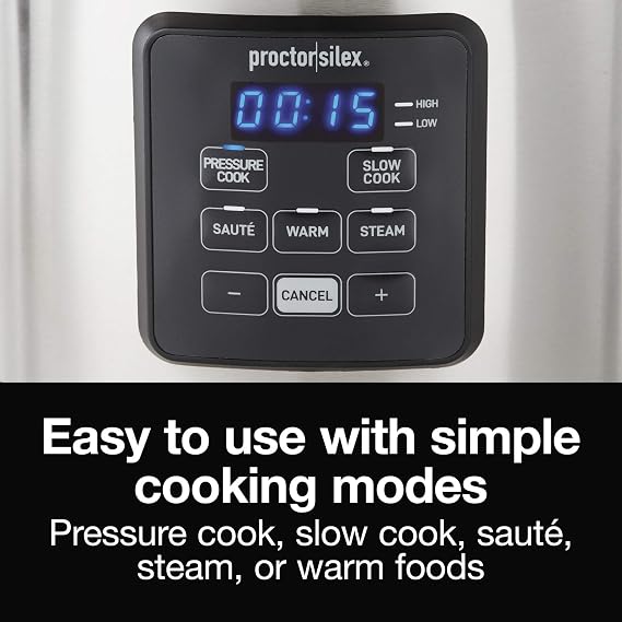 Proctor Silex Proctor-Silex Simplicity 4-in-1 Electric Pressure Cooker, 3 Quart Multi-Function With Slow Cook, Steam, Saute, Rice, Stainless Steel (34503)