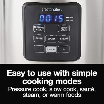 Proctor Silex Proctor-Silex Simplicity 4-in-1 Electric Pressure Cooker, 3 Quart Multi-Function With Slow Cook, Steam, Saute, Rice, Stainless Steel (34503)