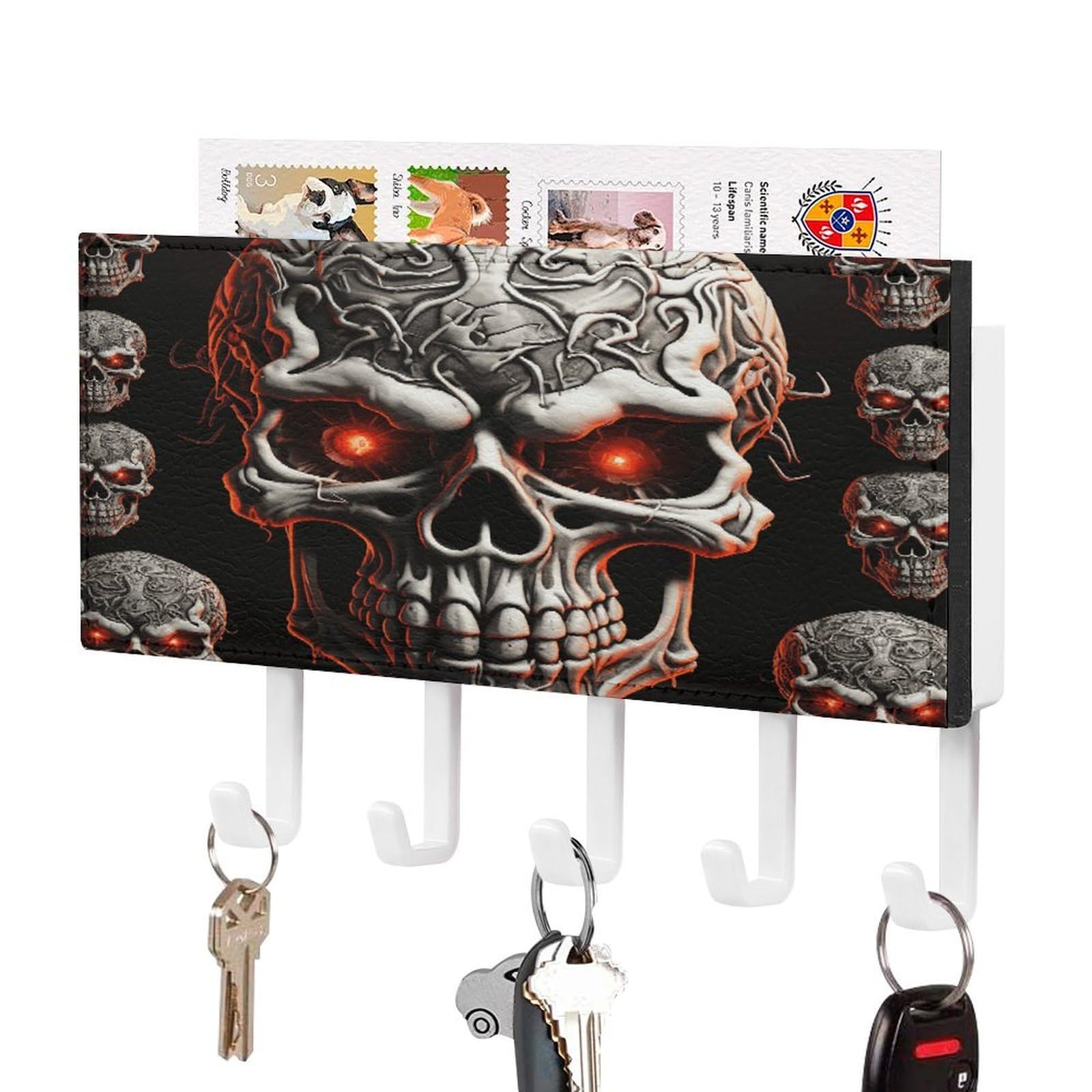 FekiLoot Evil Skull Key Holder for Wall Decorative Mail Organizer with 5 Key Hook Self Adhesive Key Rack with Tray Coat Rack Wall Mount Key Hanger Decor for Entryway Door