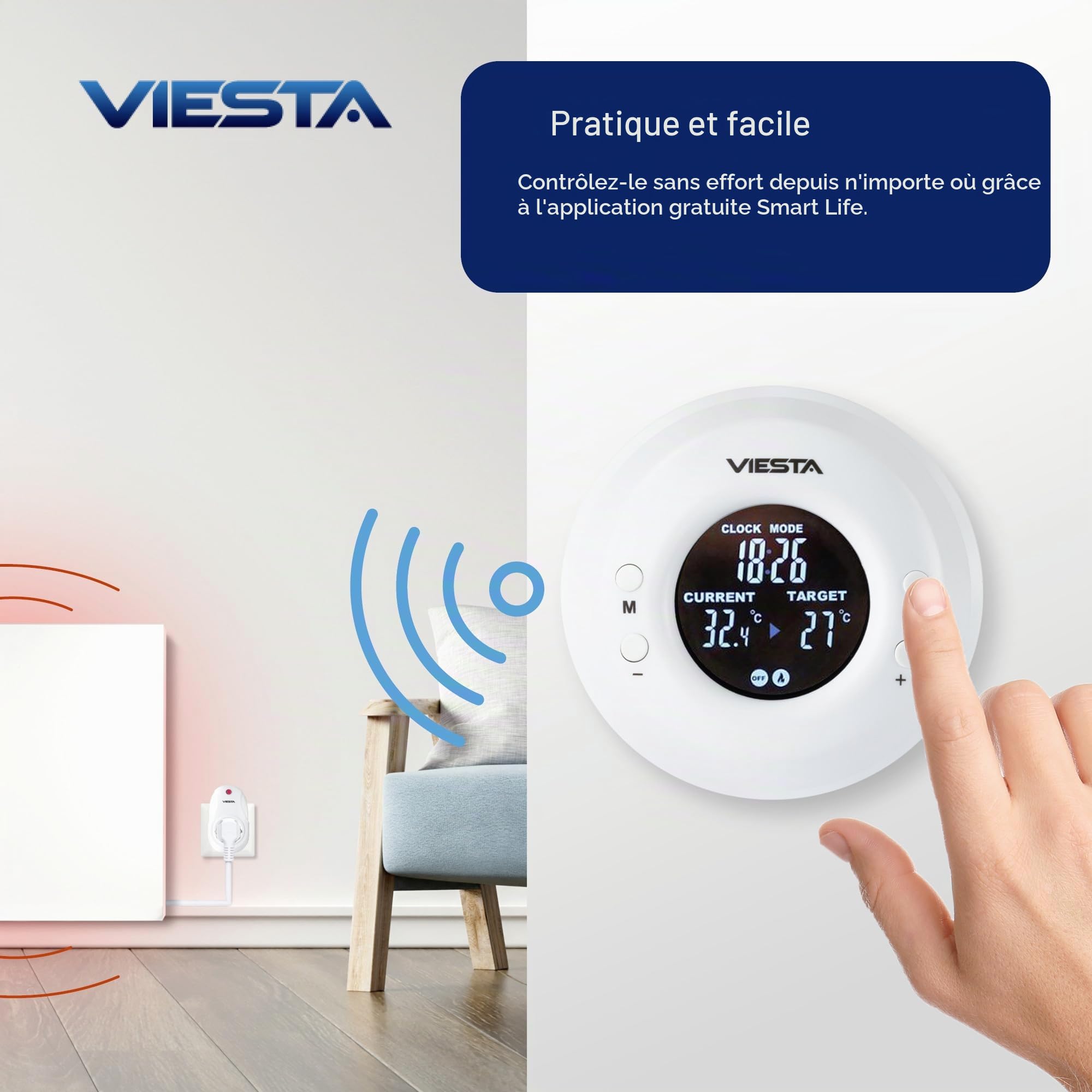 TH20 Thermostat sans Fil à Prise (230V/3600W) – Digital, programmable, avec télécommande, Programme hebdomadaire, minuterie, Commande 2,4 GHz, Modes Confort/Auto/Manuel et Protection antigel