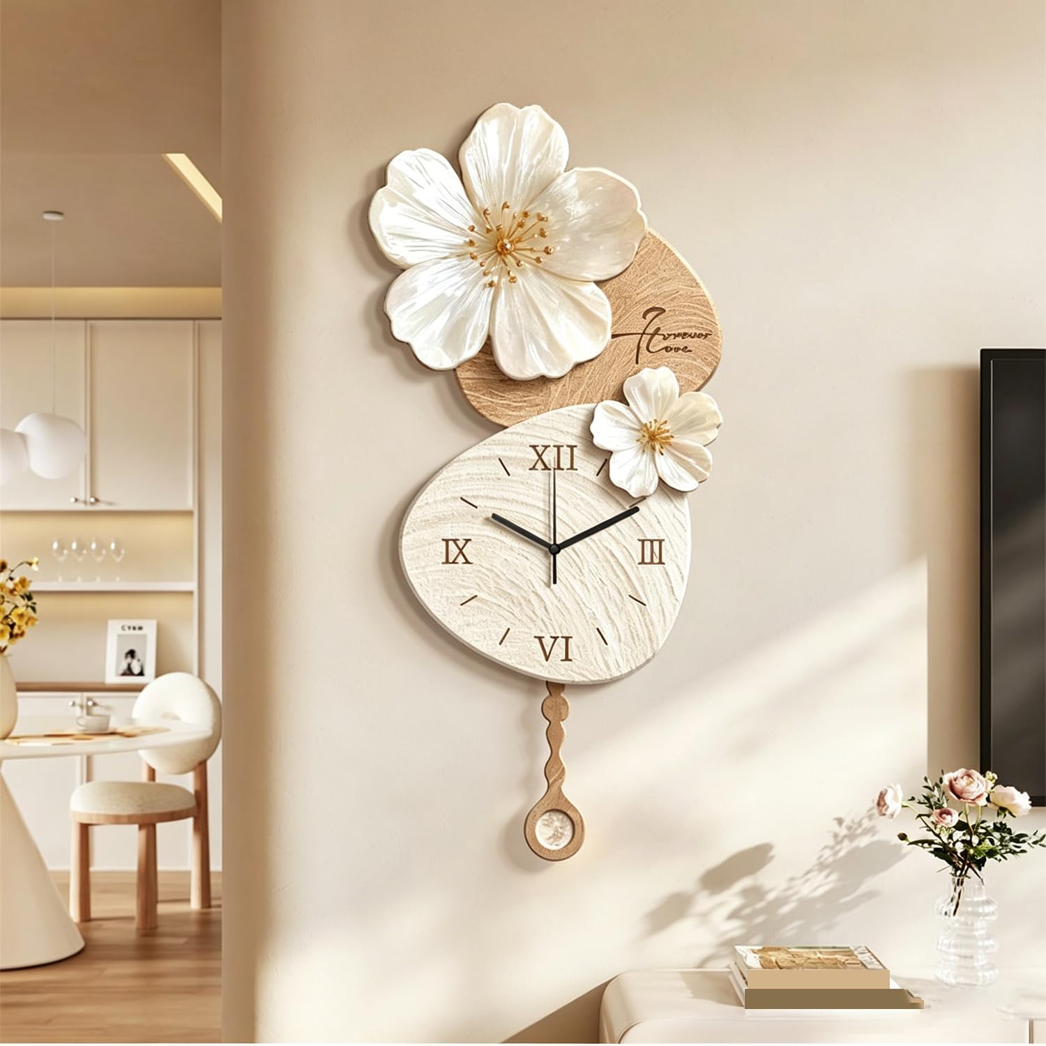 Horloge murale fleurs en grès 3D avec décoration paysage moderne de salon 40x85cm