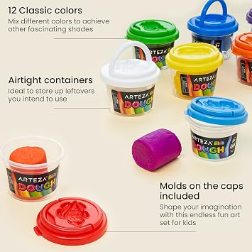 Arteza Kids Play Dough, 12 Vibrant Colors, 2.8-oz Tubs, Soft, Air-Tight Containers, Art Supplies for Kids Crafts and Playtime Activities