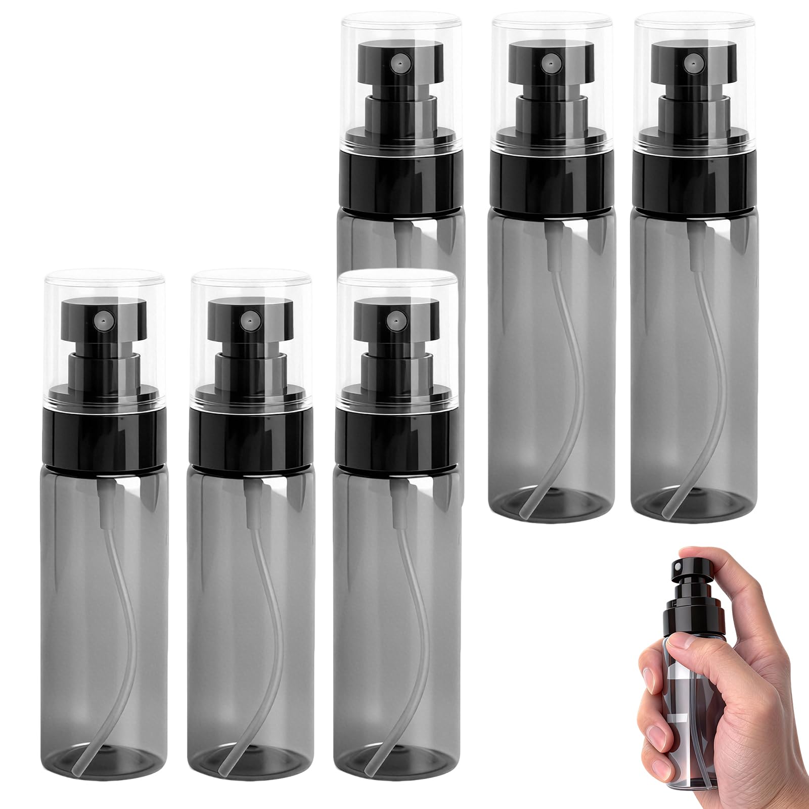 LOLANIUT 6pcs Sprühflasche Klein, Transparent Schwarz Mini Kleine Sprühflaschen Zum BefüLlen, Wasser Sprühflasche 60ml, Sprühflasches Reinigungsmittel für Parfüm, Reinigungsmittel, Shampoo