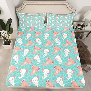Erosebridal Cute Axolotl Fitted Sheet Queen Size Cartoon Axolotl Bed Sheet Kawaii Animal Bedding Sets for Kids Boys Girls Teens Wildlife Pet Animal Fitted Bed Sheets Bedroom Decor, Green