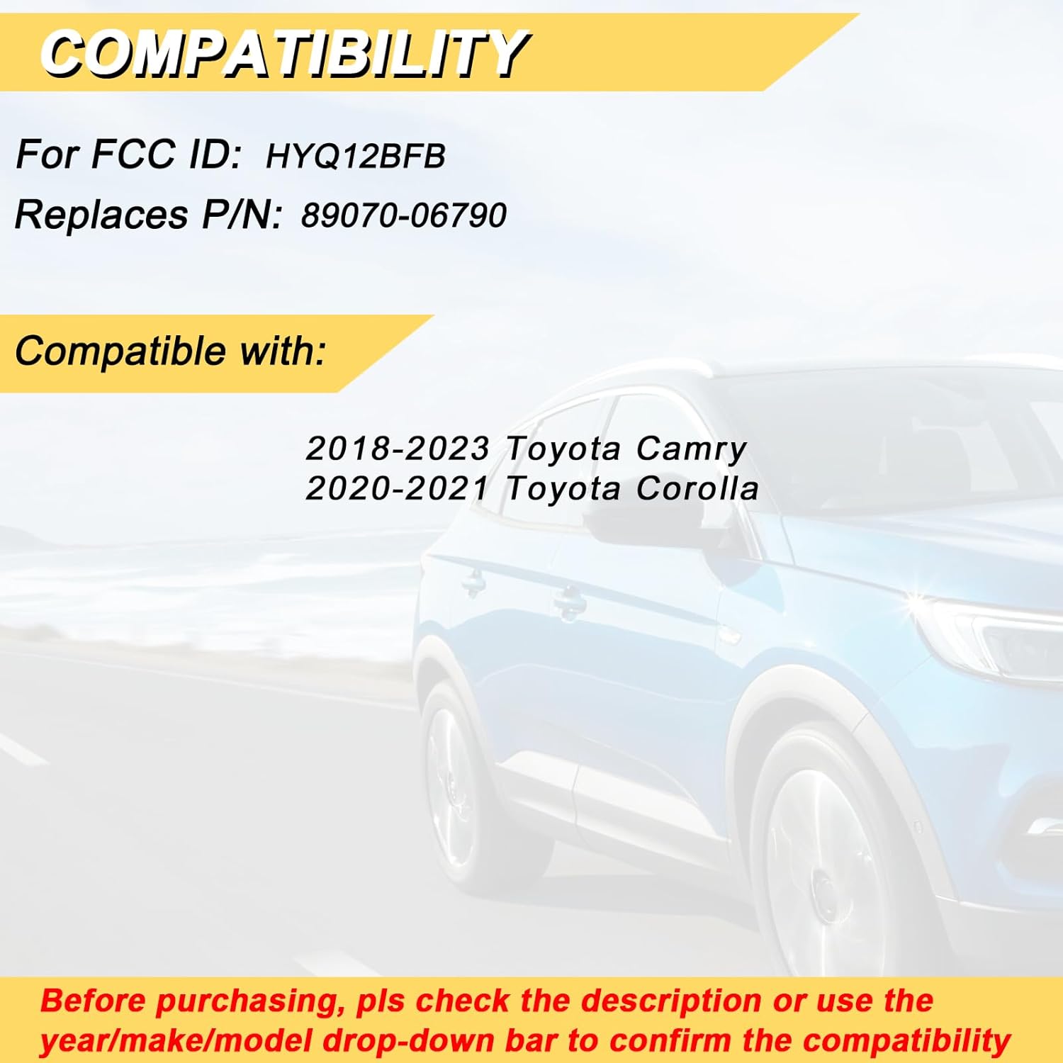 Vurkcy Key Fob Replacement for 2018-2023 Toyota Camry/ 20-21 Corolla Car Keyless Entry Remote Control, HYQ12BFB, 4 Buttons