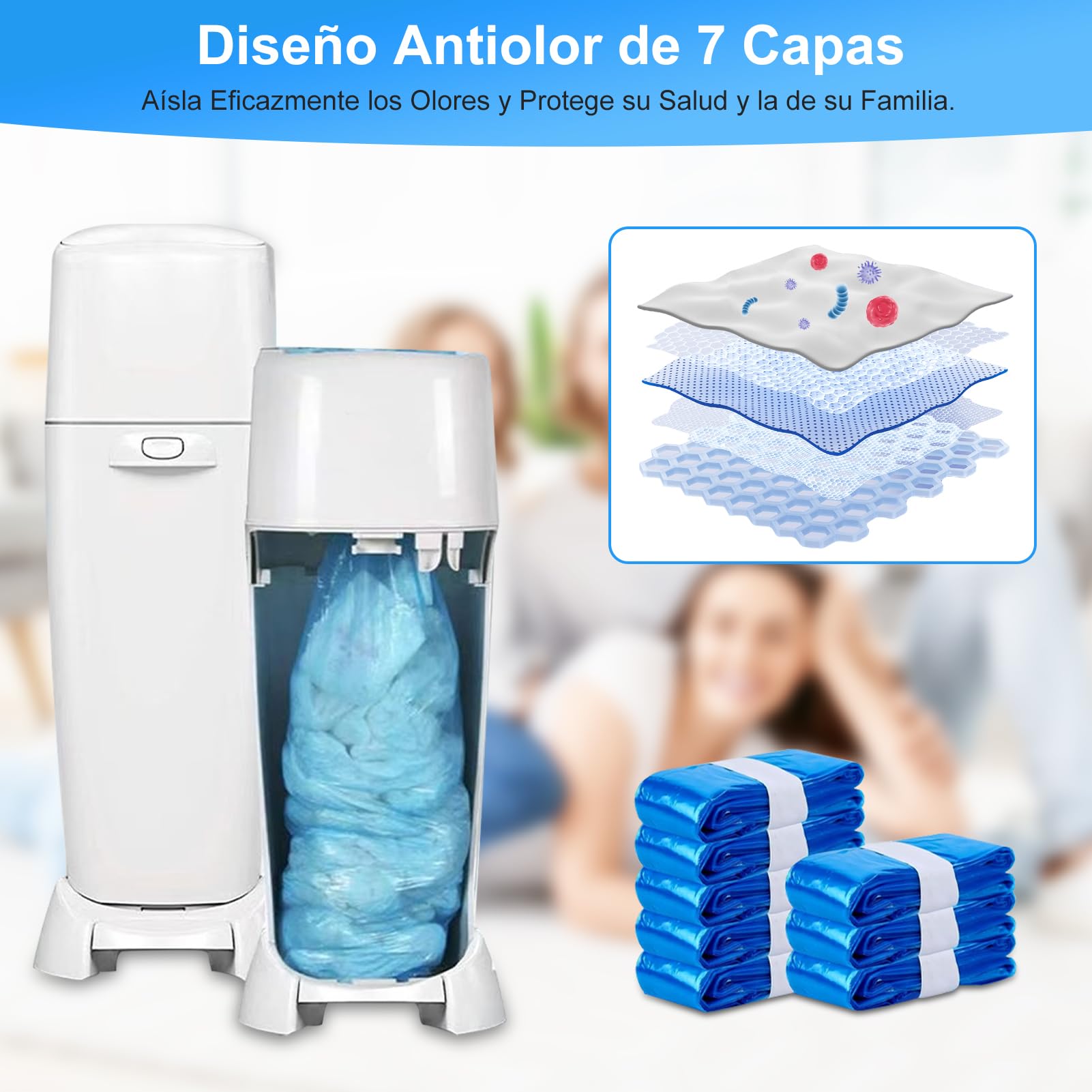 8 Piezas Recambios Cubos de Pañales, 8M Bolsa de Relleno para Papelera Pañales Bebe,Antiolor,Compatible con Todos Contenedores de Pañales