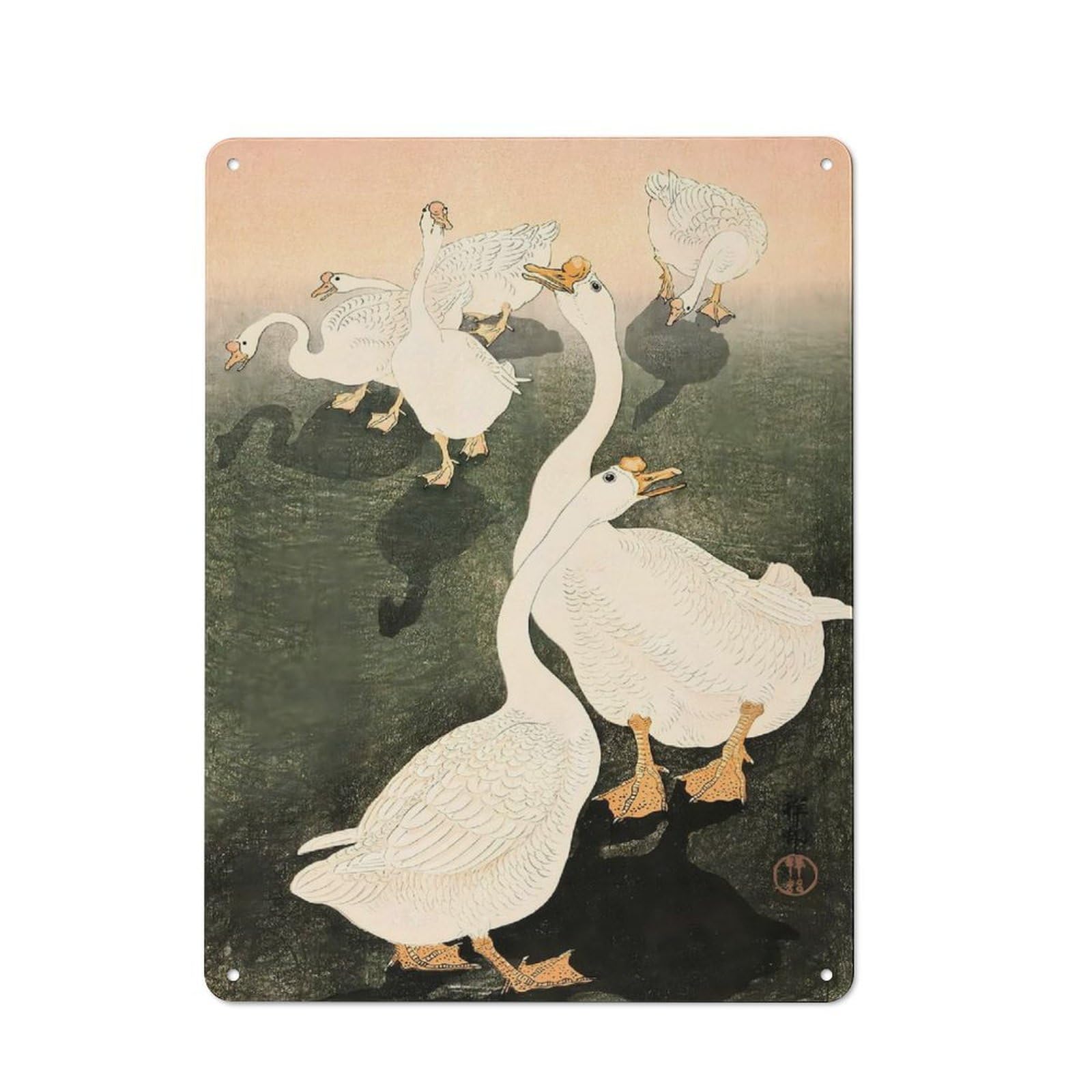 Junmoney Style-23 Kitchen Metal Sign With Ukiyo E Geese Ohara Koson Design 40X30cm, Cosy Kitchen Wall Decor For Coffee Bar, Kitchen, Bistro Or Tea Corner