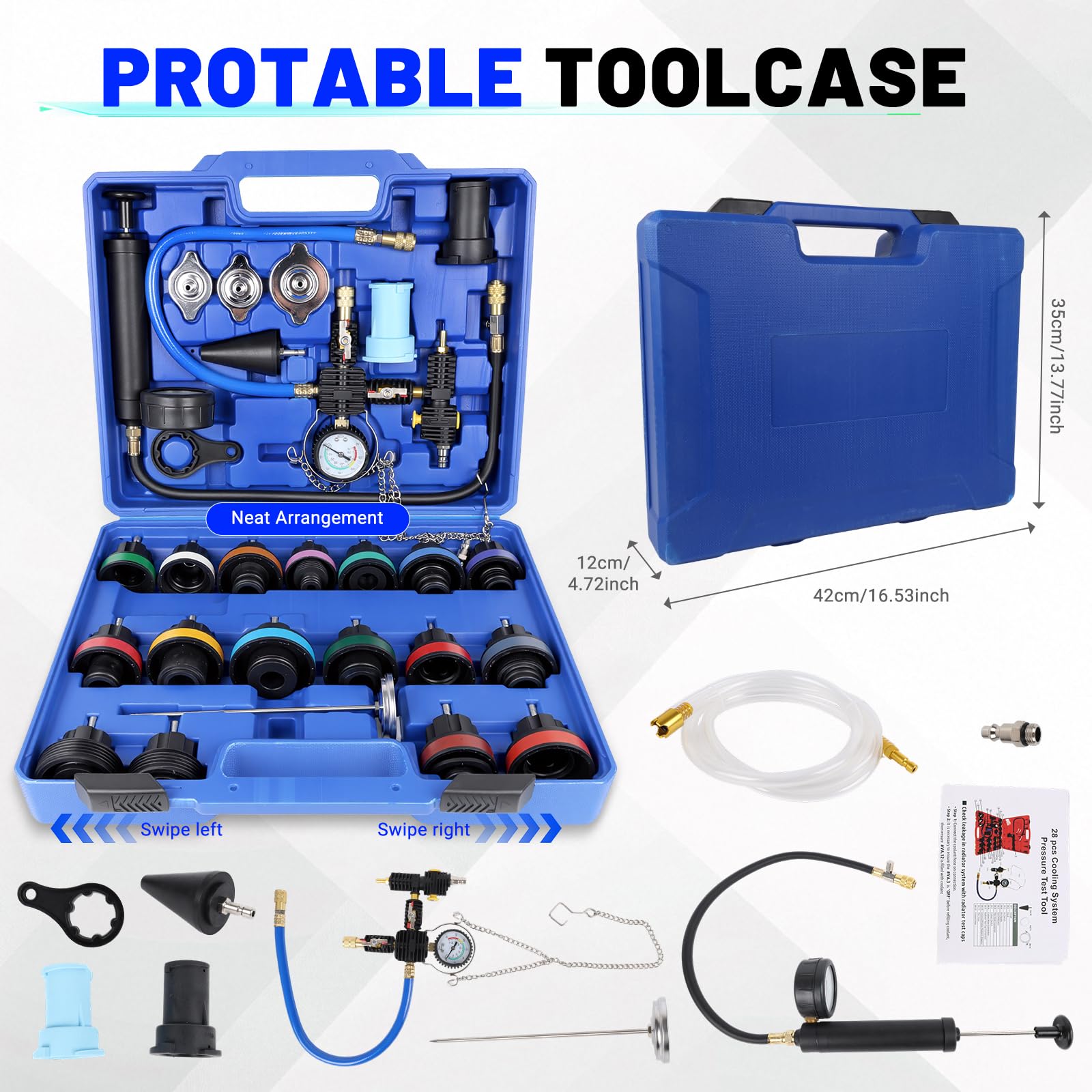 OiLiehu Kit de Presión de Refrigerante y Anticongelante 28 Piezas Universal: Probador, Purga y Llenado para Radiador de Coche, con 17 Adaptadores y 3 Tapones de Prueba