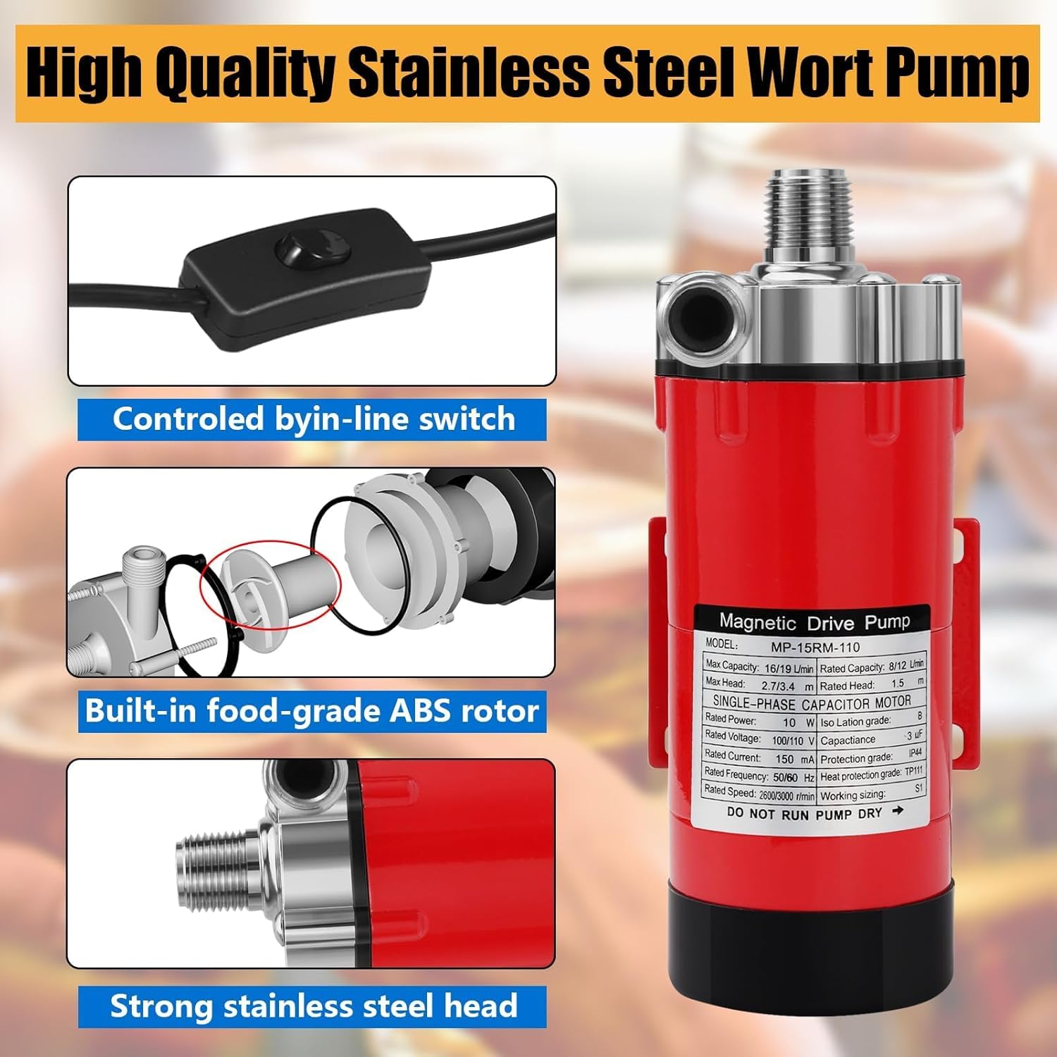 Magnetic Beer Pump Wort Pump for Brewing, 304 Food Grade Stainless Steel Head Brew Pump Magnetic Drive Pump with Inline Switch, Beer Line Clamps & Quick Disconnect Set