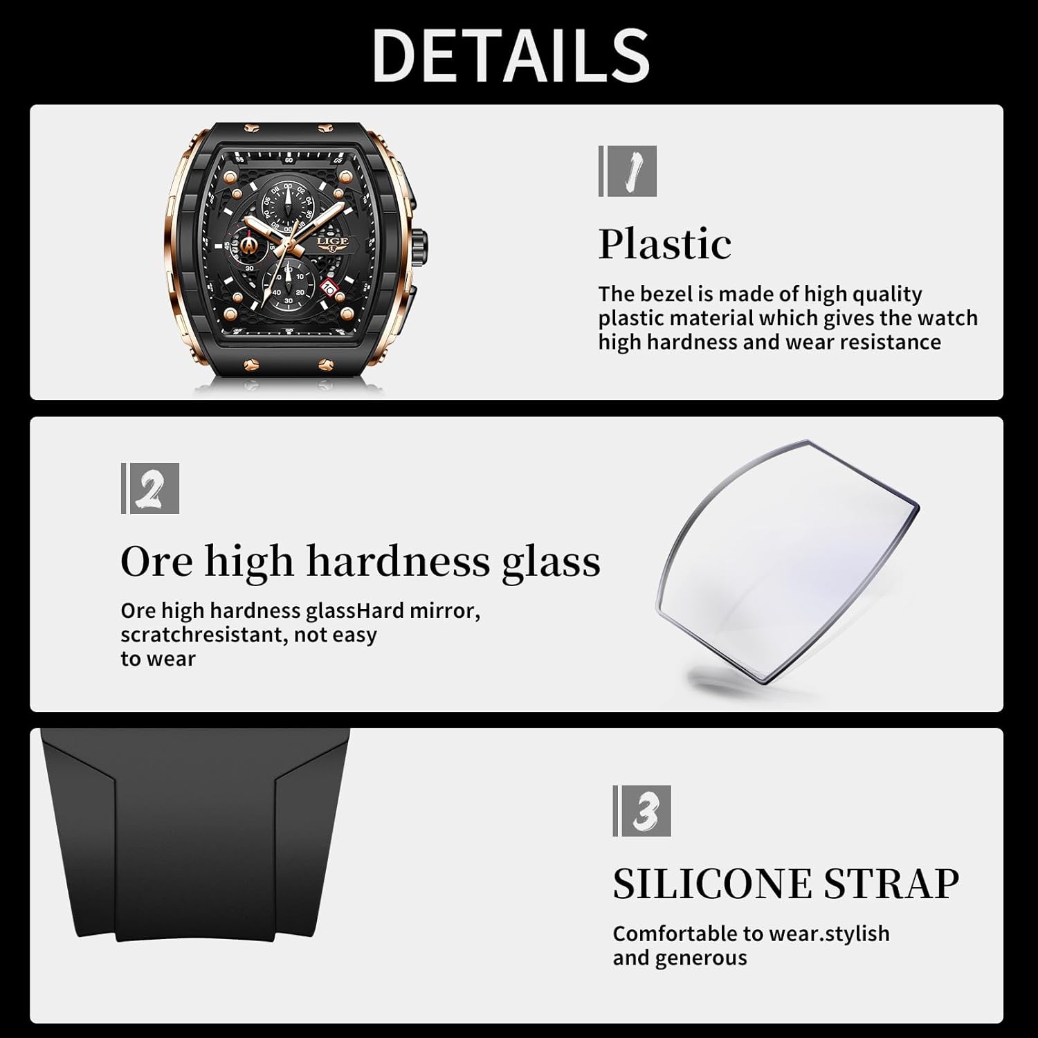 SACOSDING Mens Watches,Unique Rectangular Quartz Analog Watch,Outdoor Sports Multi-Function Watch,Chronograph/Waterproof/Luminous/Calendar,Durable Silicone Strap Mens Casual Watches - Image 7