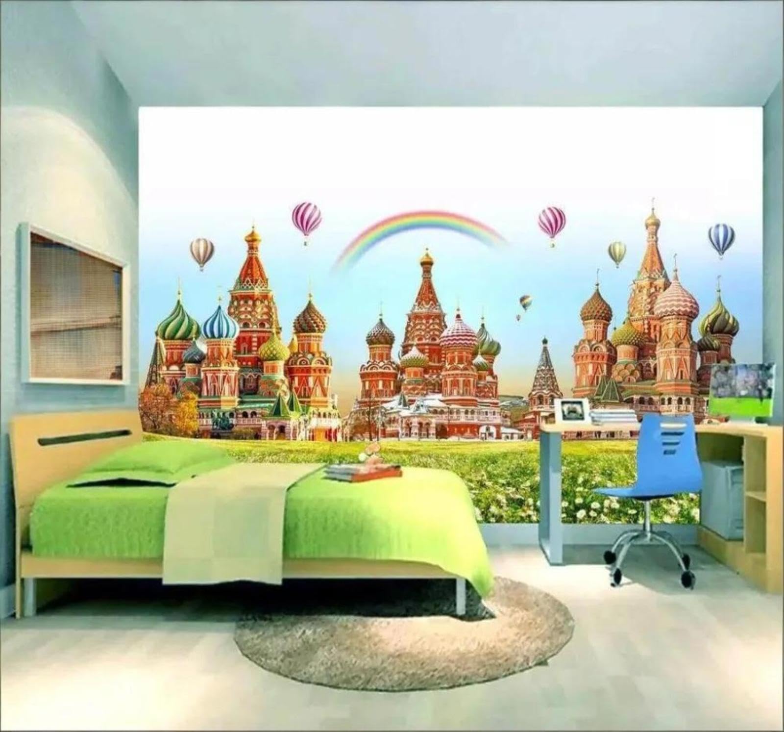 Tzxztt 250Cm×170Cm(B×H) Cartoon Castle Fantasy Fresh Hot Air Balloon Rainbow Modern 3D Wallpaper Premium Textured Silk Neutral Tones Material Ideal For Living Room Bedroom-250Cm×170Cm