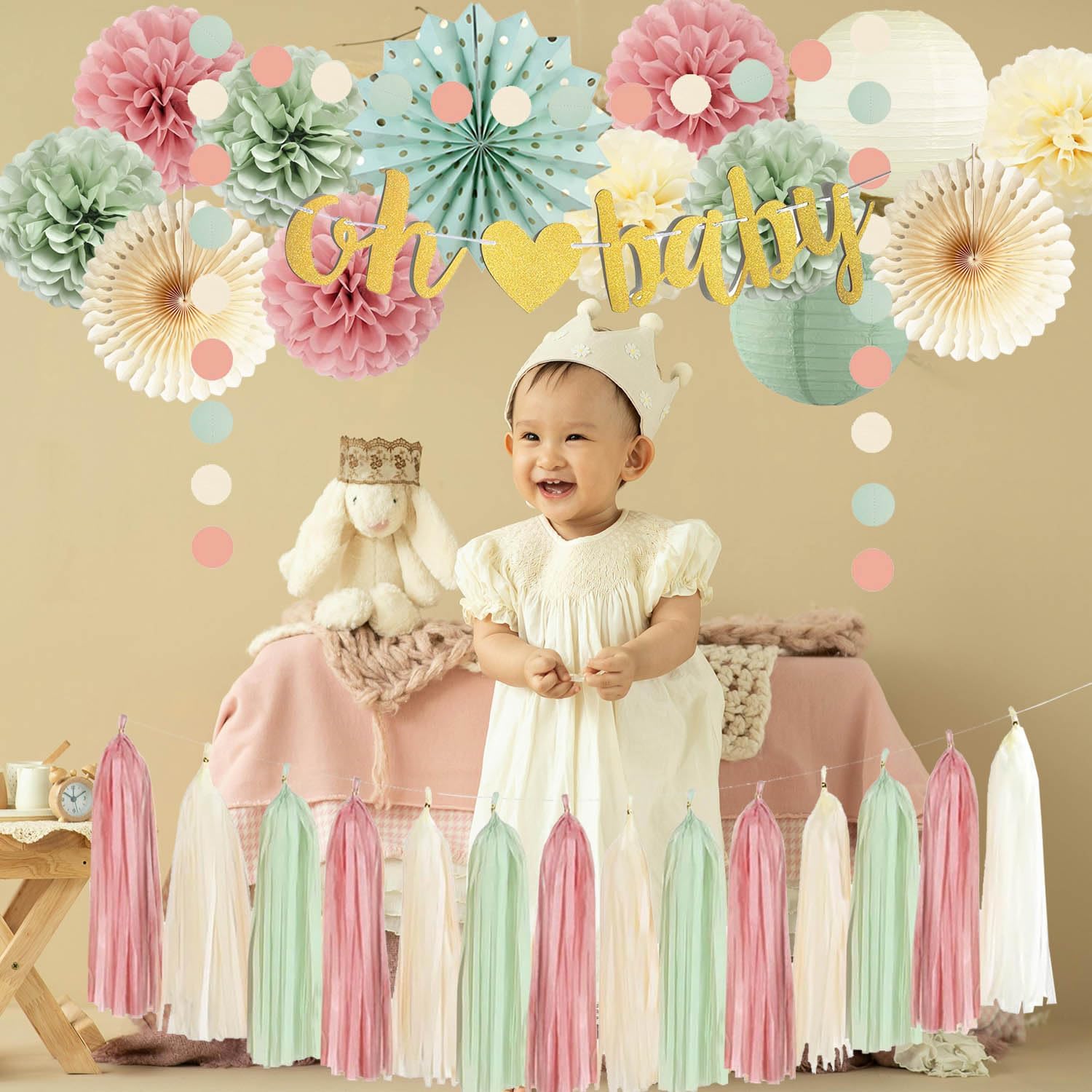 Sage Green Dusty Pink Beige Baby Shower Decorations Cream Blush Pink Sage Paper Lanterns Tissue Pom Poms Boho Paper Tassel Garlands Gold Baby Banner for Boho Baby Shower Gender Reveal Party Decoration