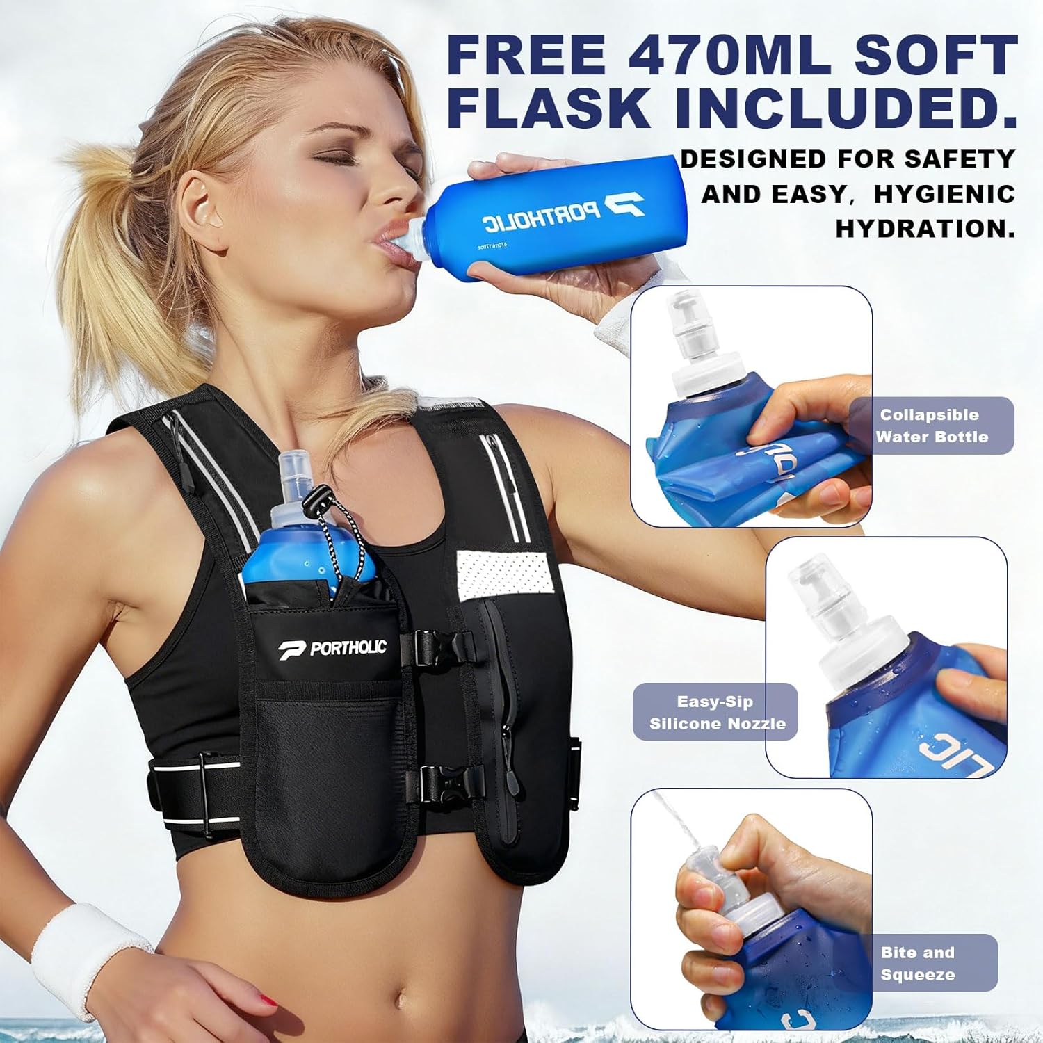 PORTHOLIC Running Vest for Women Men with 500ml/1.5L Water Bottle |Adjustable Hydration Vest with Water Bladder |Reflective |Lightweight |Muti-Pockets |Breathable for Running Accessories for Hiking - Image 7