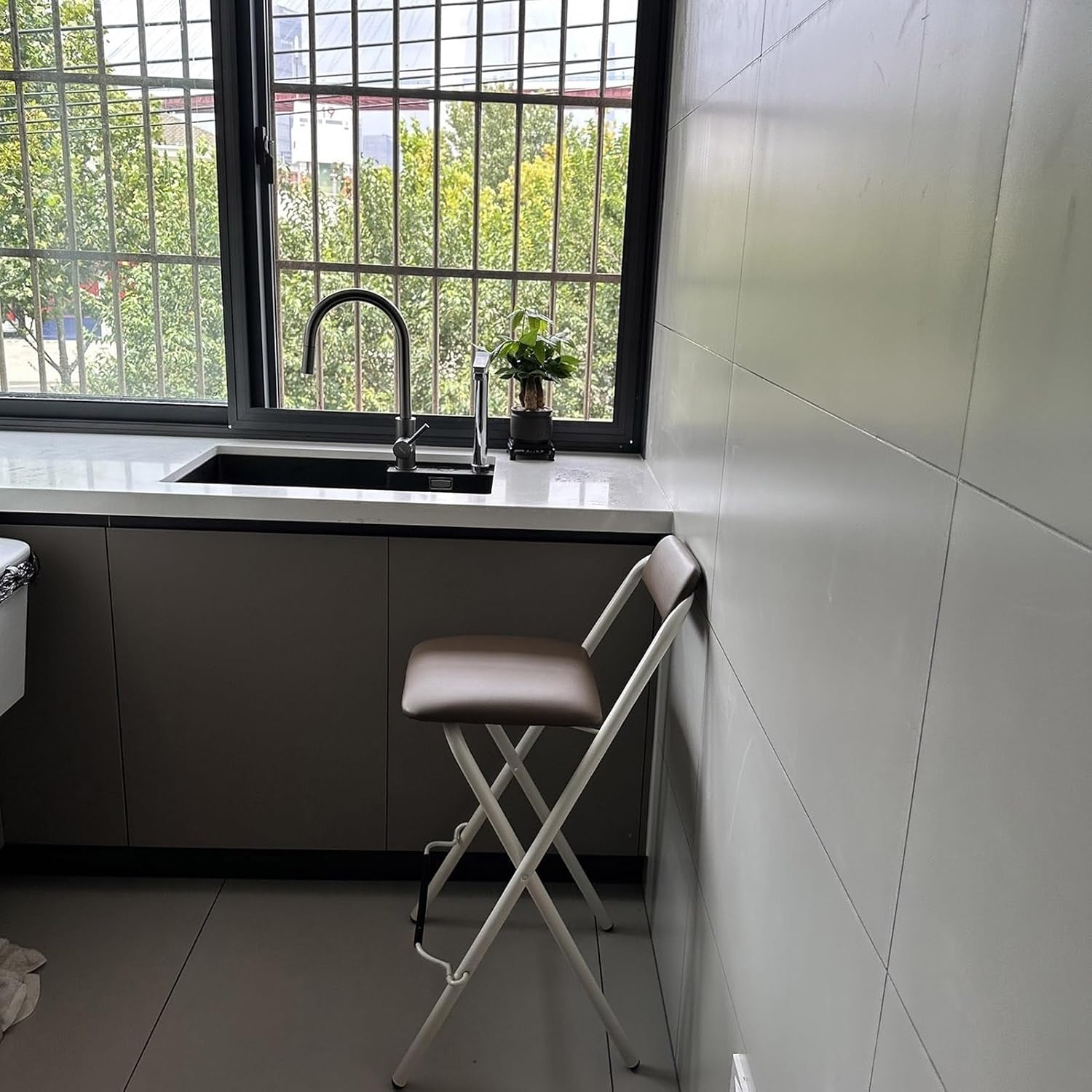 Home Folding Stool with Backrest, PU Padded High Chair, Height Foldable Portable Tall Stools for Outdoor Kitchen Shop Cafe (Color : Brown 2, Size Seat (Brown 2 Seat Height 75 cm