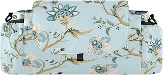 CUPADA Embroidery Flower Plant Universal Stroller Organizer, Leaf Blue Stroller Organizer Bag with Cup Holders Removable Shoulder Strap Fits Most Baby and Pet Strollers