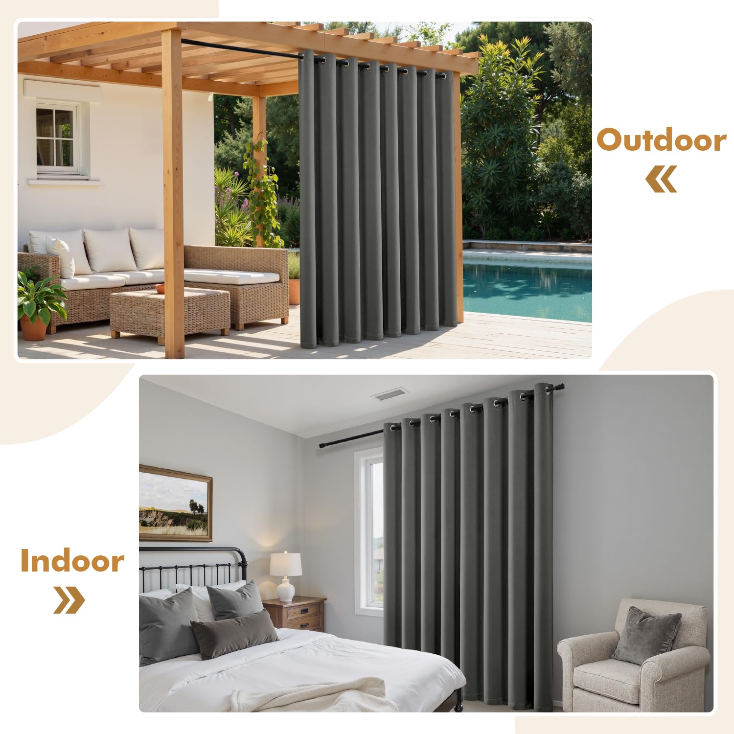 MIULEE Rideaux d'extérieur imperméable à Double Oeillets Protection Solaire Rideau Impermeable Exterieur pour pergola extérieur Balcon Cour Porche, 132 x 215 cm, Lot de 2, Gris