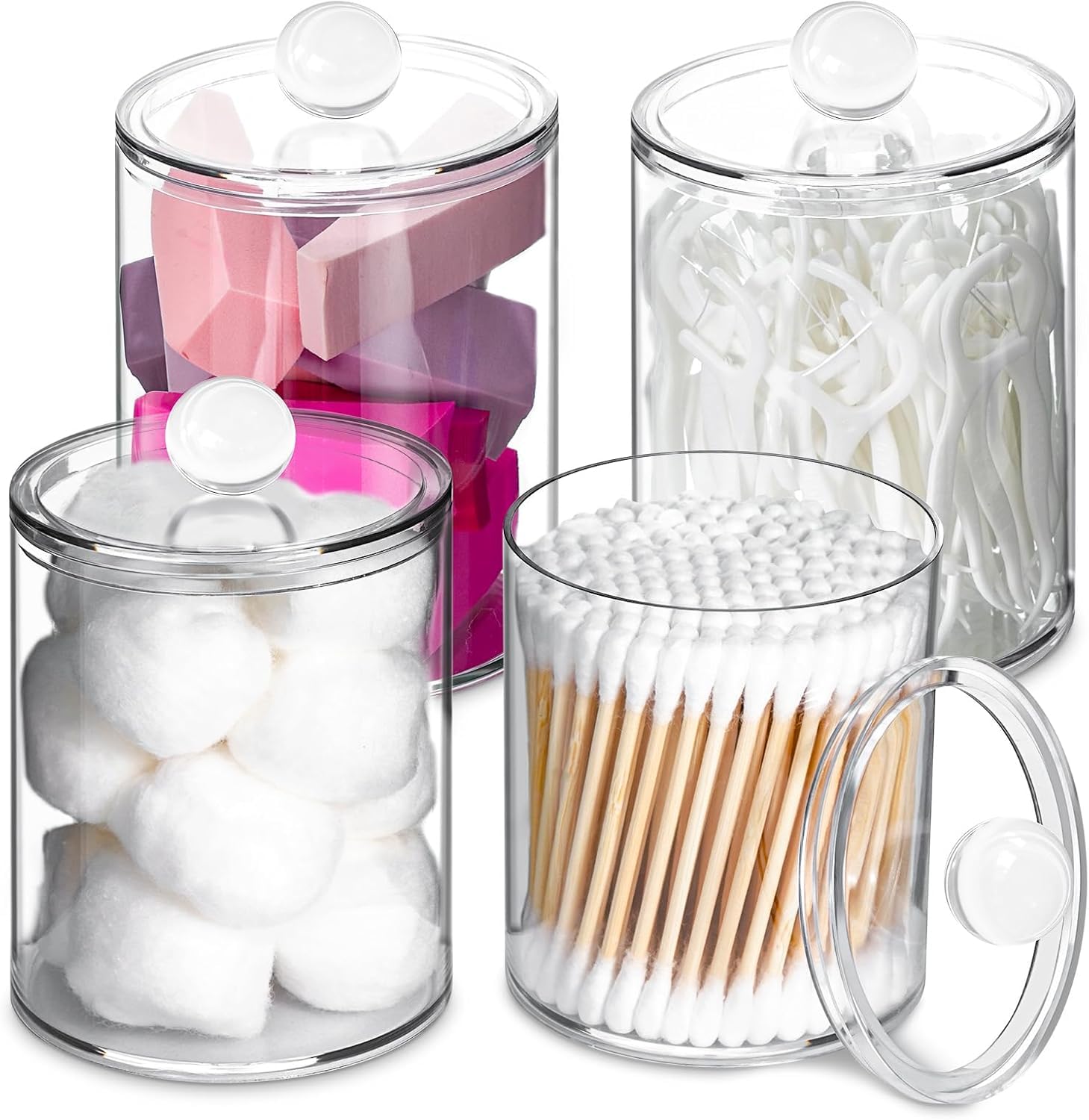 Acrylic Qtip Holder Dispenser for Cotton Swabs, Balls, Pads, Floss Picks- Small Clear Plastic Canister Apothecary Jar Set, Bathroom Essentials Accessories Decor, Vanity Makeup Storage Organizer (2)-image-14
