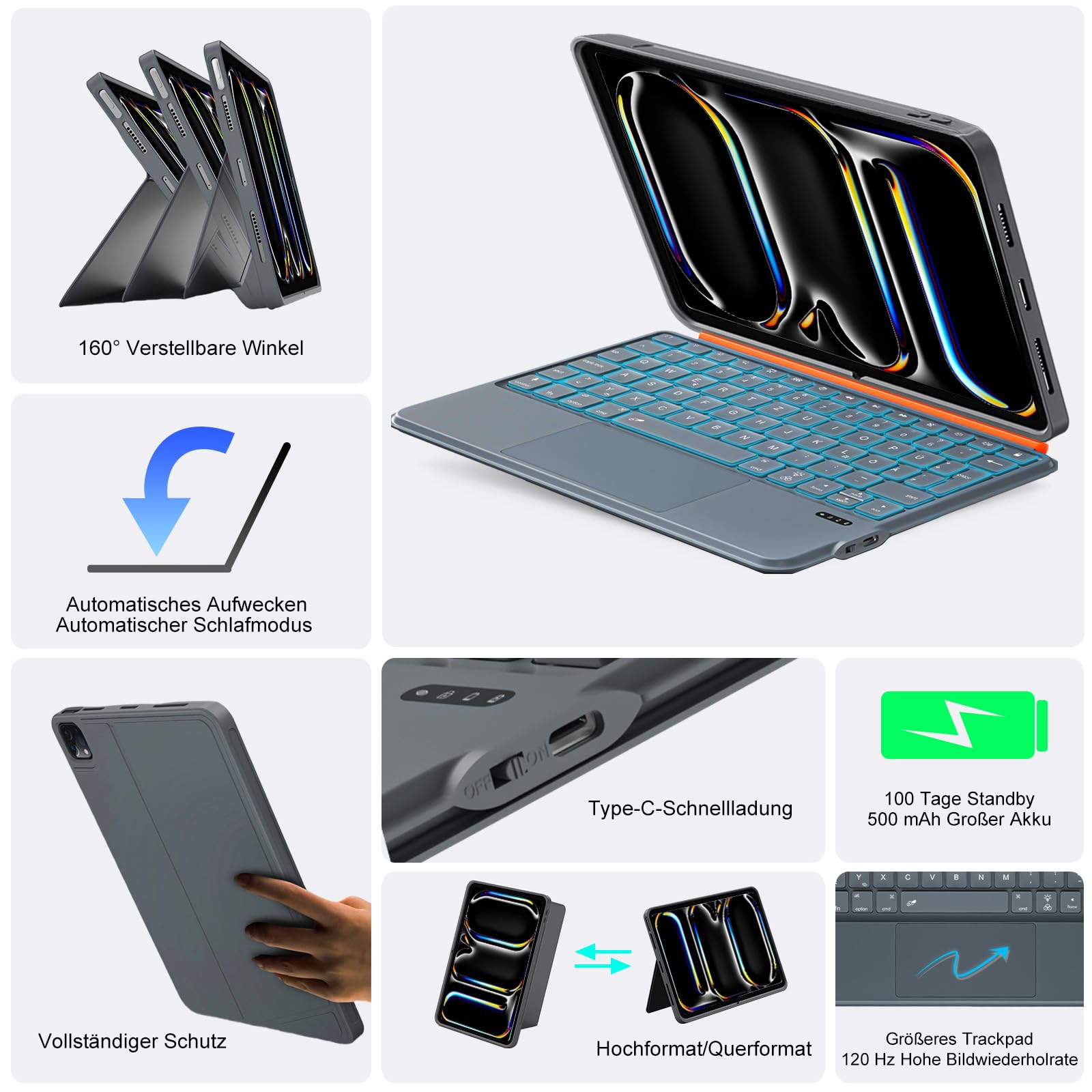 Tastatur Hülle für iPad Pro 11 Zoll (M5/M4 2025/2024), Magnetisch Abnehmbares Keyboard, Großes Trackpad, 7-Farbige Hintergrundbeleuchtung, 160° Verstellbarer Standfuß, Leicht (Dunkelgrau)
