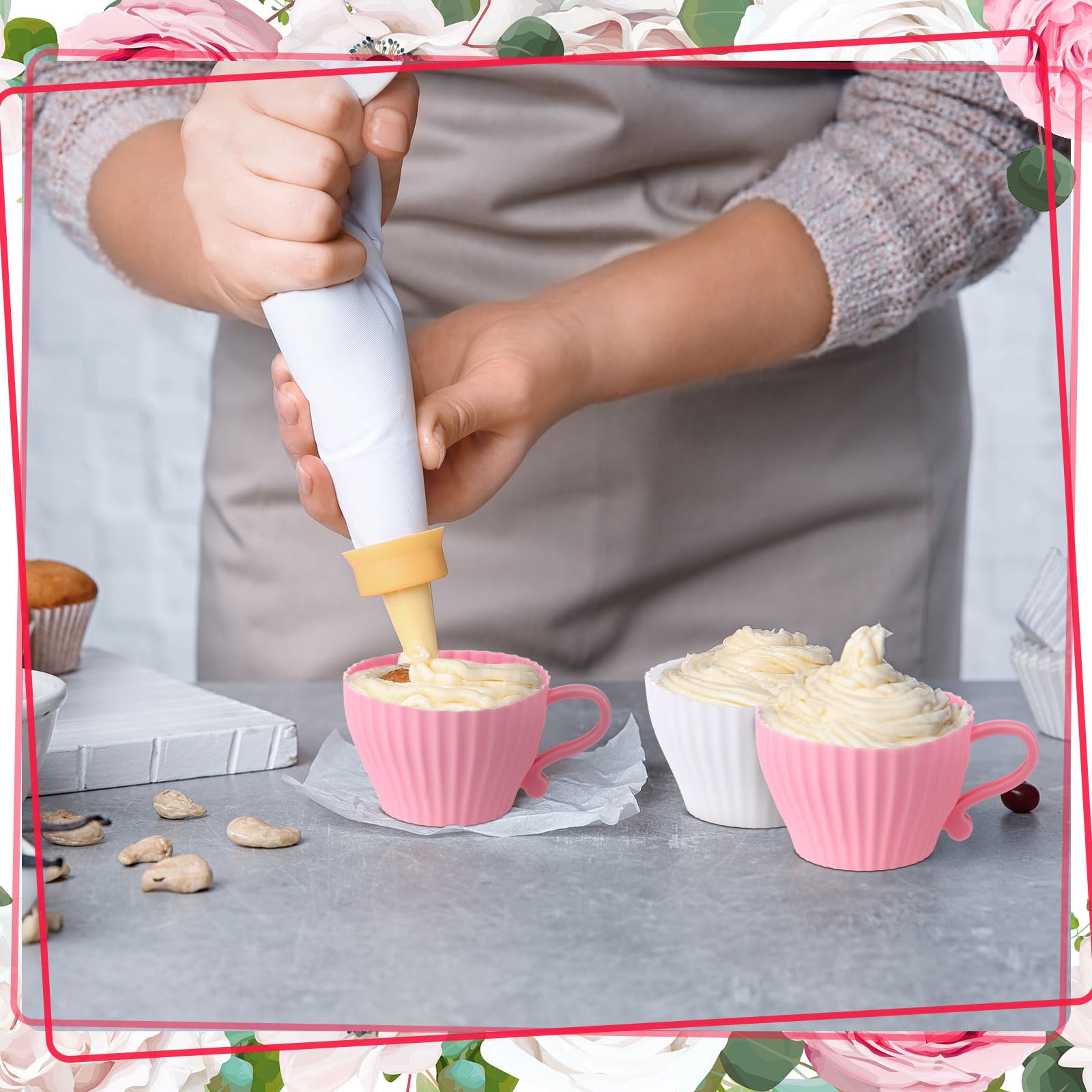 Vesici 12 Silikon-Muffinförmchen zum Backen, Silikon-Cupcake-Formen-Set, Teetassen-Cupcake-Förmchen, wiederverwendbare Muffinförmchen, Teetassen-Cupcake-Backförmchen, 12 Tassen, 12 Untertassen, Weiß