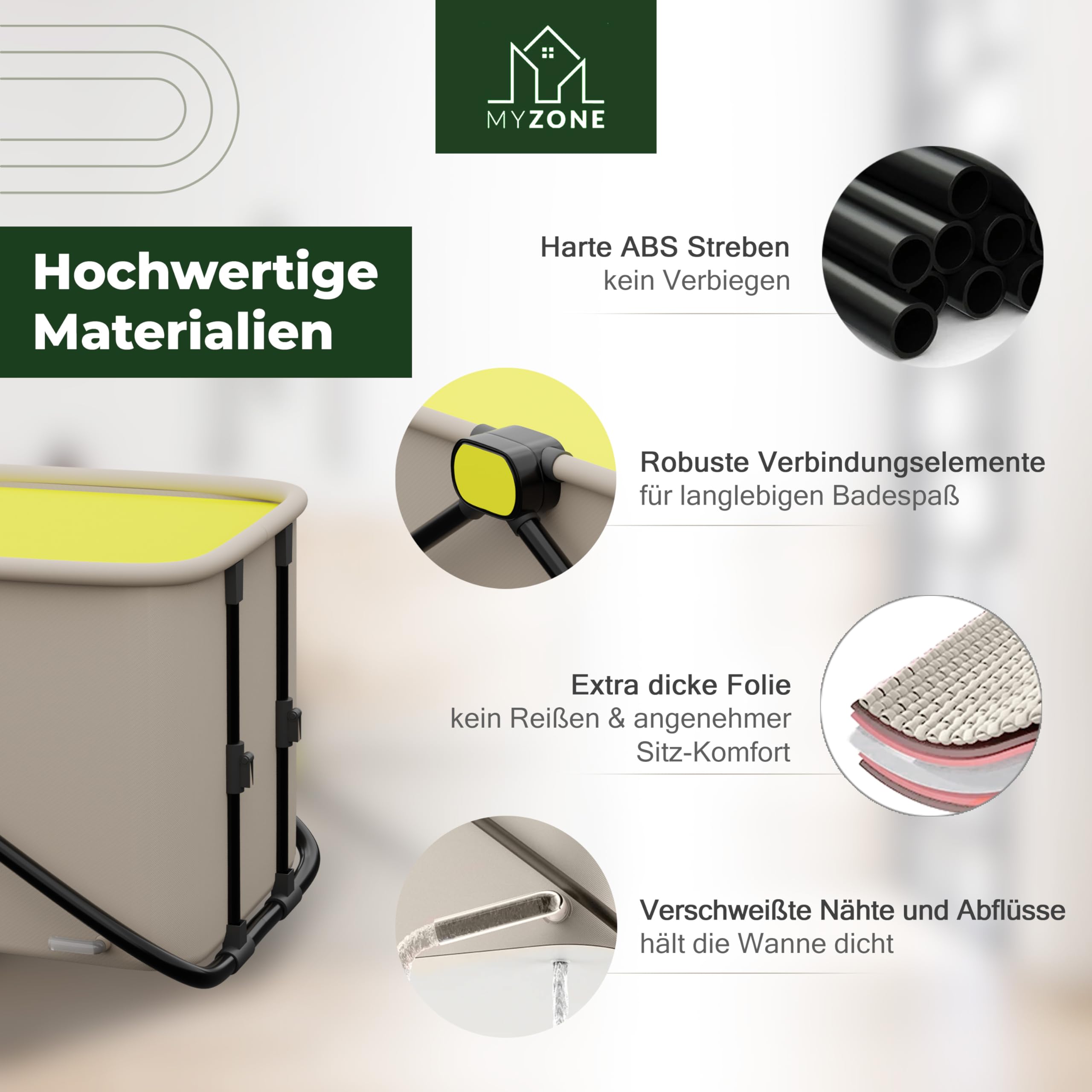 MyZone faltbare Badewanne, 150 x 60 x 50 cm | Klappbare, Mobile, Platzsparende, Badewanne für Dusche | Outdoor, Duschbadewanne, Eisbad/Eiswanne | Alternative zu aufblasbare Badewanne Erwachsene Grau