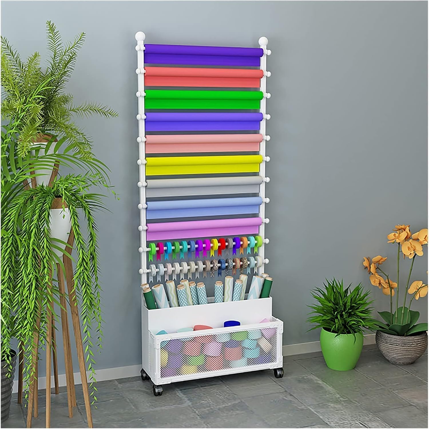 Scarf Storage Rack, Ribbon Holder,Ribbon Storage Rack,Ribbon Organizer 13 Tier Movable Scarf Ribbon Storage Holder, Clothes Hanger Rack, Freestanding Wrapping P，White 39.37x10.24x66.93IN