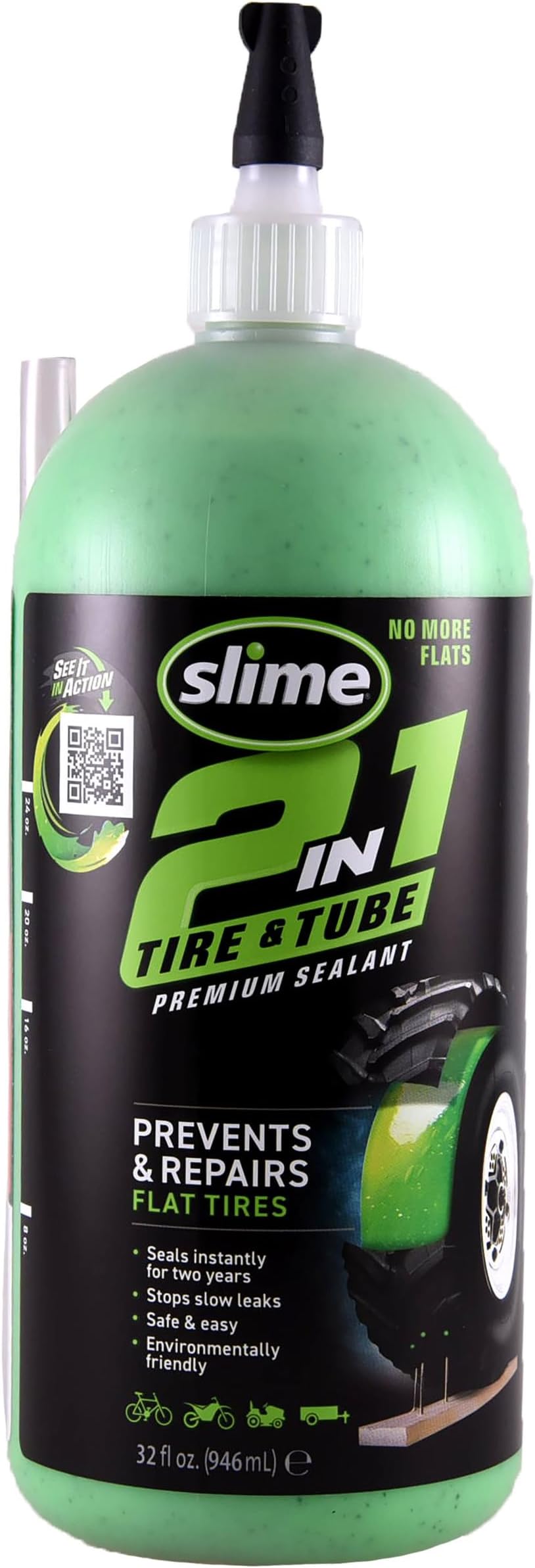 Slime 10194 Tire and Tube Sealant, Puncture Repair, 2-in-1, Prevent and Repair Flat Tires, for ATVs, UTVs, Lawn Mowers, Tractors, Trailers, Eco-Friendly, 32oz bottle