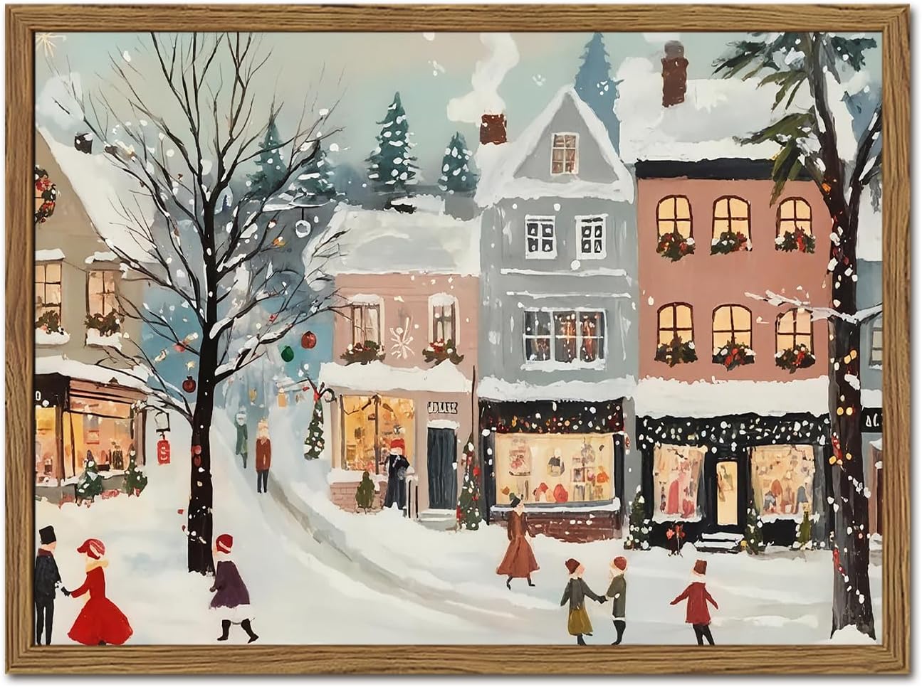Vintage Christmas Village Wall Art, Cute Winter Town Wall Decor Paintings, Cozy Holiday Rustic Canvas Prints Artwork Picture for Bedroom Living Room Farmhouse Mantel 12x16 inch Wood Framed 16"L x 12"W Christmas House-C