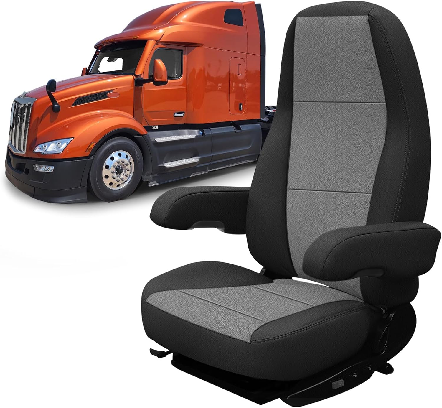 Leather Seat Cover Compatible with Peterbilt Model 579, 579EV, 589, 567, Bottom Back & Armrest Cover, Long Armrests 17in, Driver or Passenger 33in High Back Seat Cover