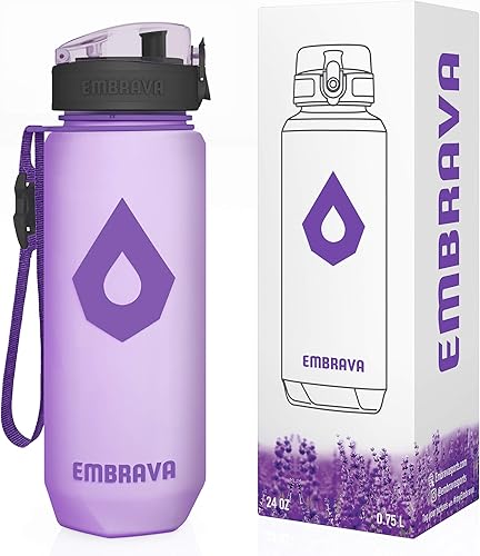 Embrava - Botella de agua  710 ml  Para deportes, gimnasio y senderismo  Sin BPA ni BPS  Apertura de un solo clic  A prueba de fugas y segura